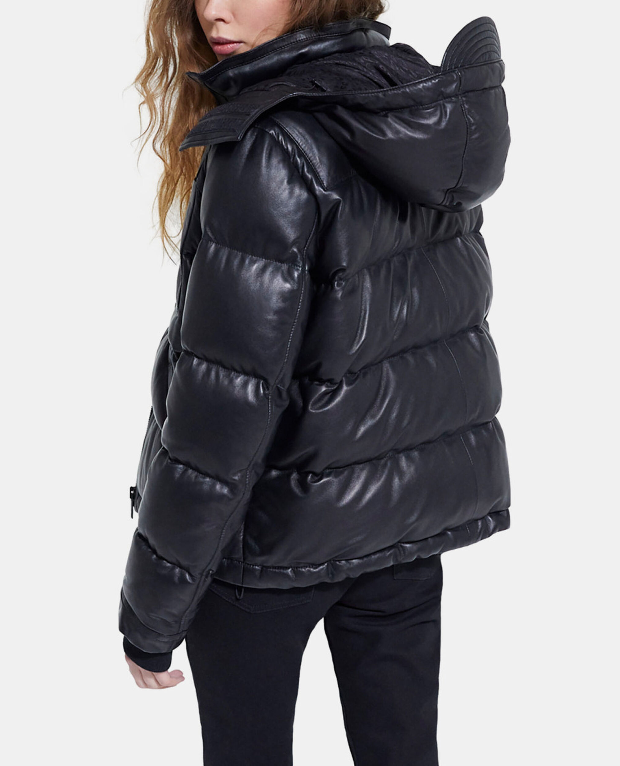 Black leather down jacket with straps and logo, BLACK, hi-res image number null