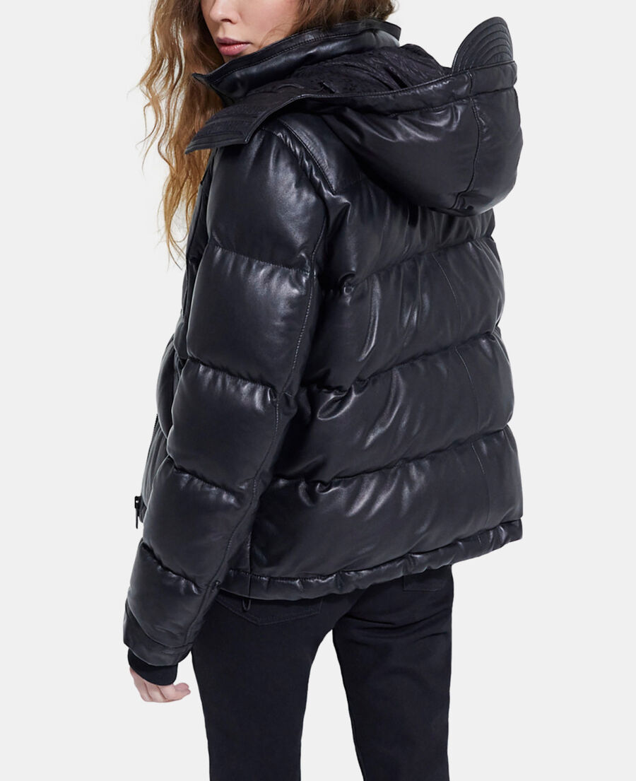 black leather down jacket with straps and logo