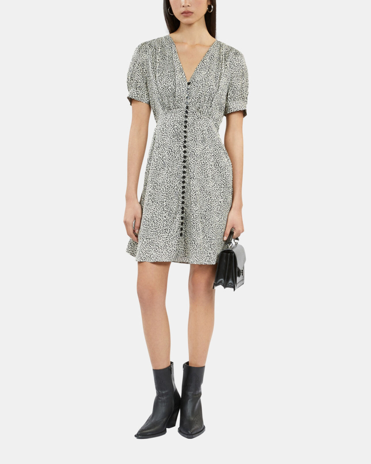 The Kooples WOMEN BLACK WHITE ivory and black leopard print short dress with buttons