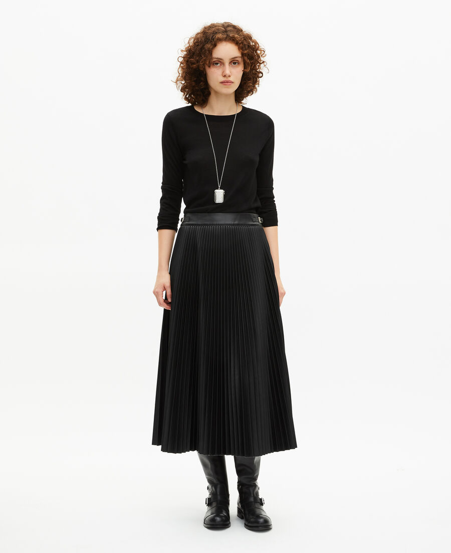 The Kooples F BLACK black leather-effect pleated long skirt