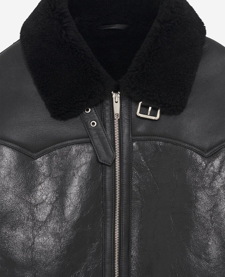 The Kooples FEMME BLACK peau lainée courte avec col sherpa noire