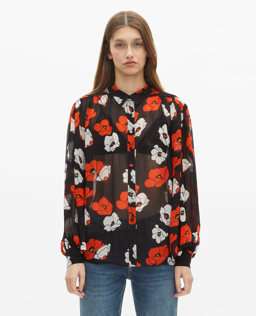 The Kooples F BLACK RED OFF WHITE loose-fitting black floral print shirt