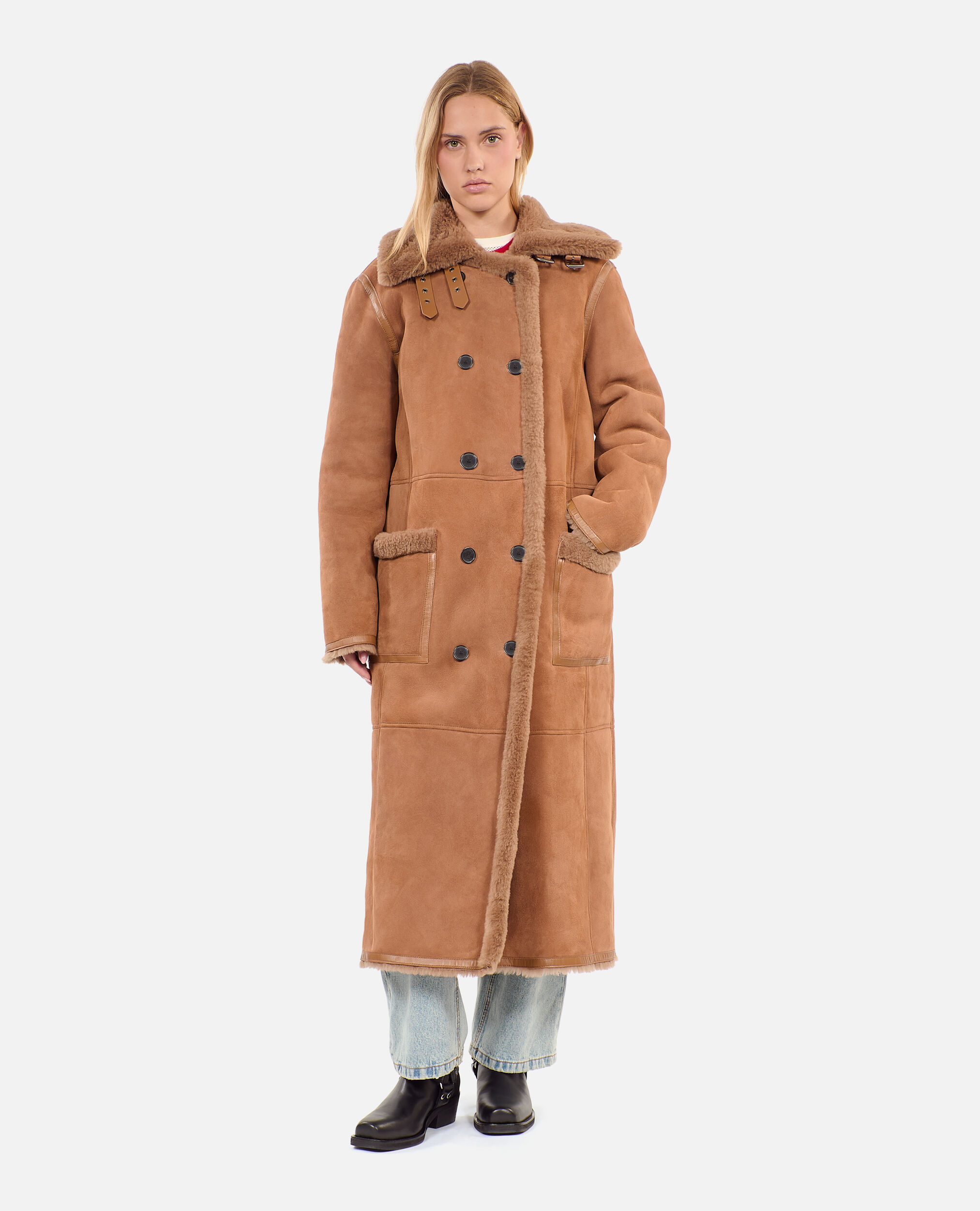 Long brown shearling coat