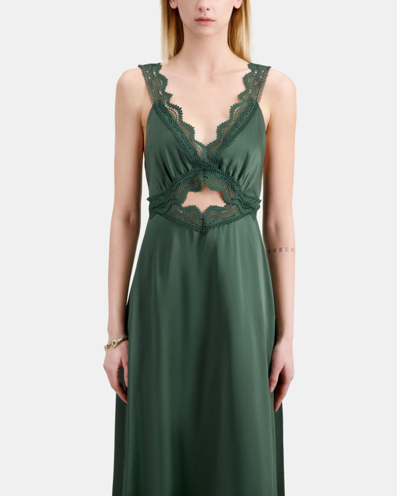 The Kooples WOMEN WOOD KAKI long green slip dress with guipure