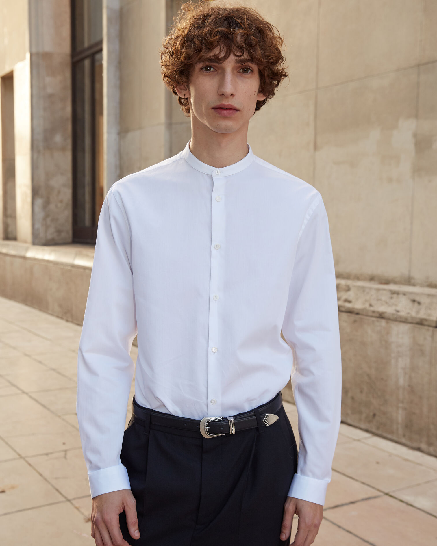 Chemise blanche sans col boutons nacrés, WHITE, hi-res image number null