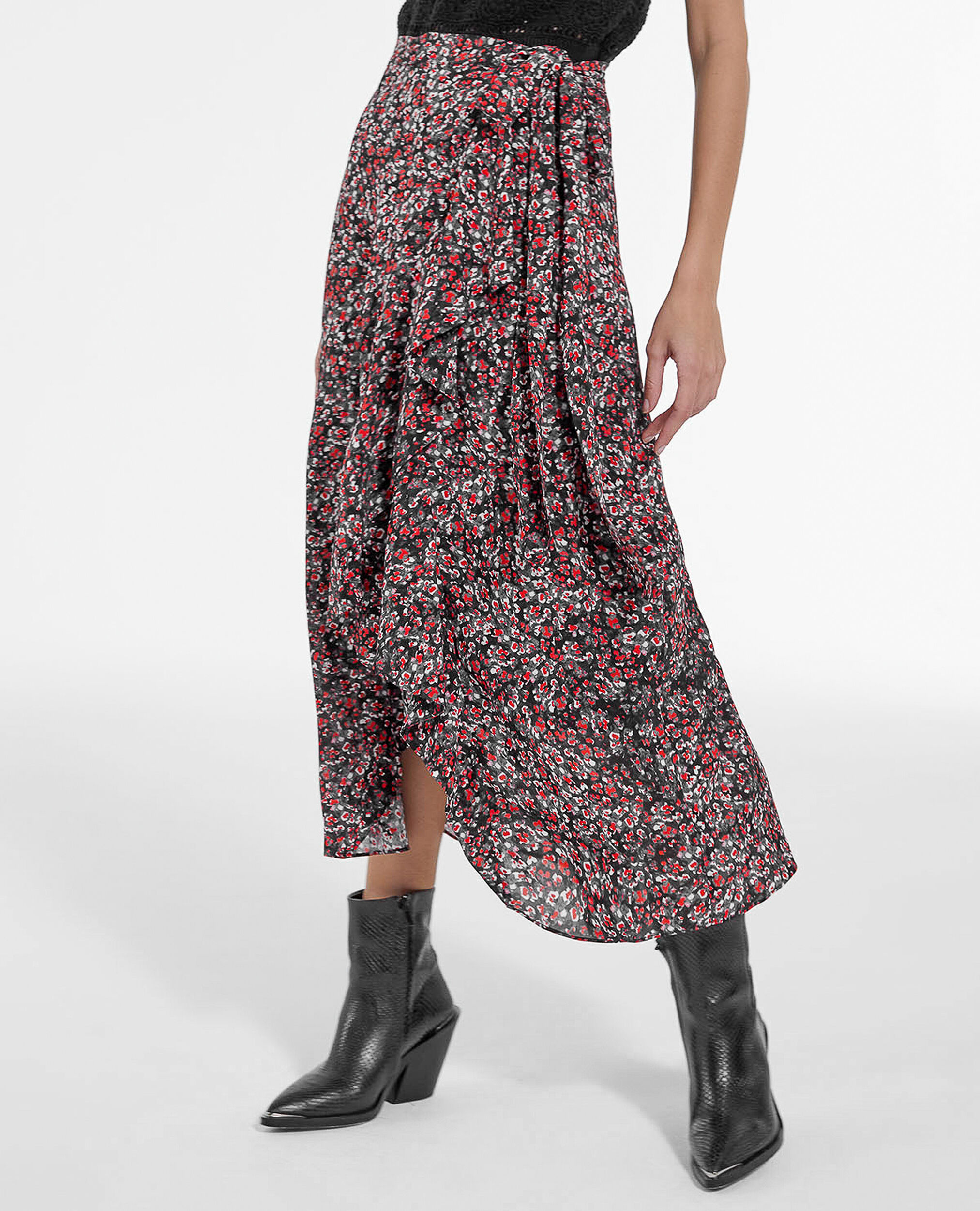 Long skirt with floral print, BLACK - RED, hi-res image number null