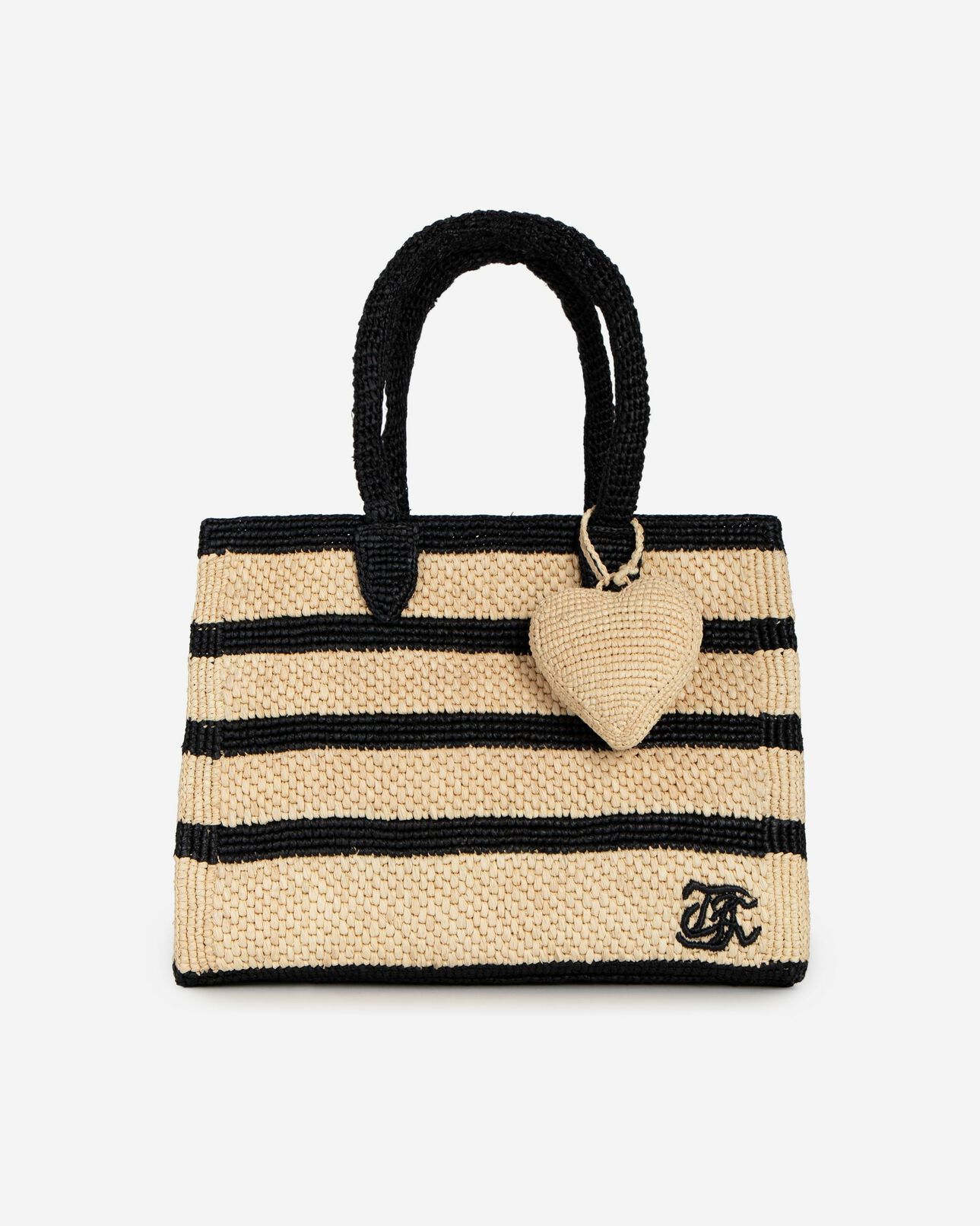 The Kooples MUJER ECRU BLACK bolso joya de corazón en rafia color crudo