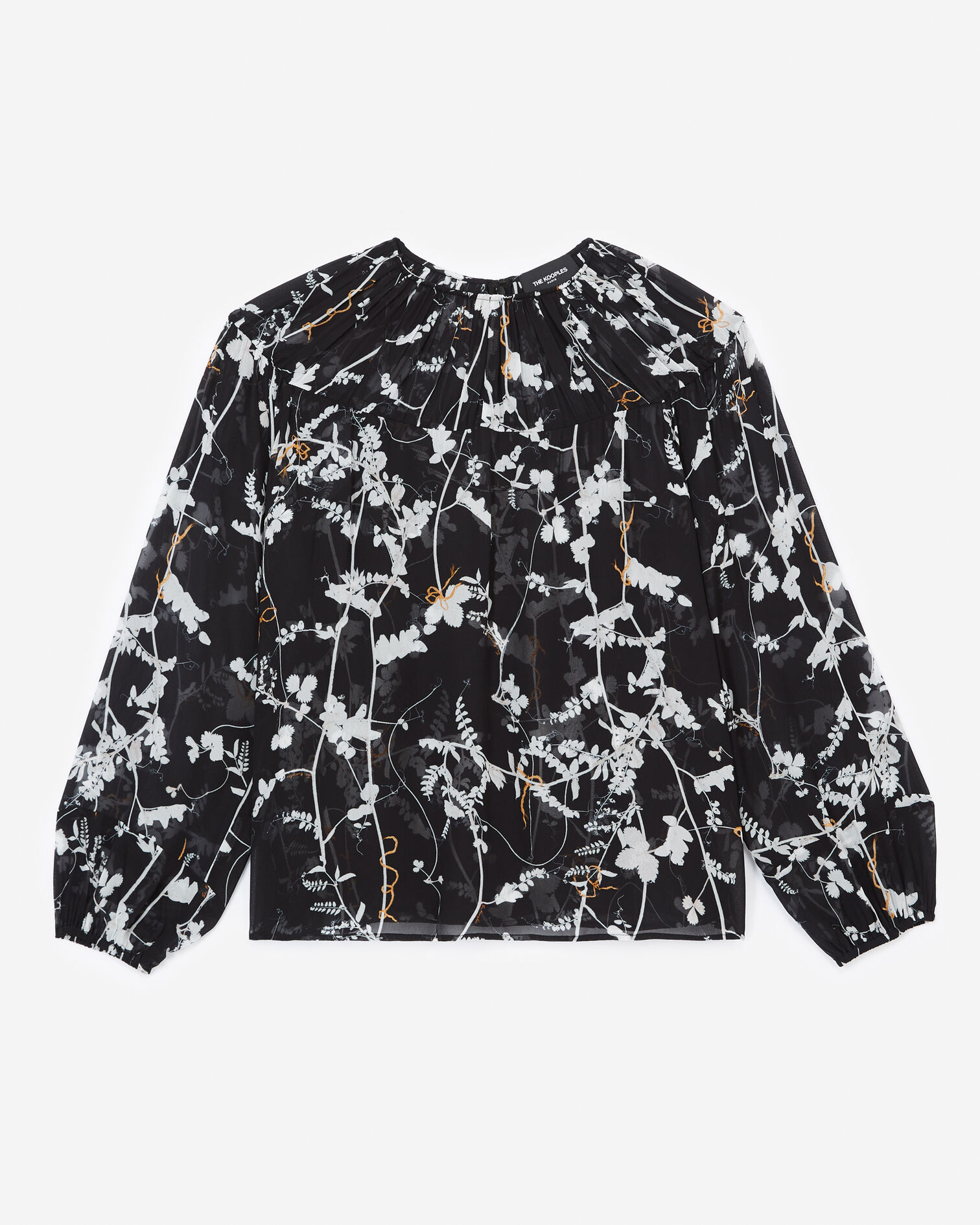 Flowing black top with gathers - floral print, BLACK, hi-res image number null
