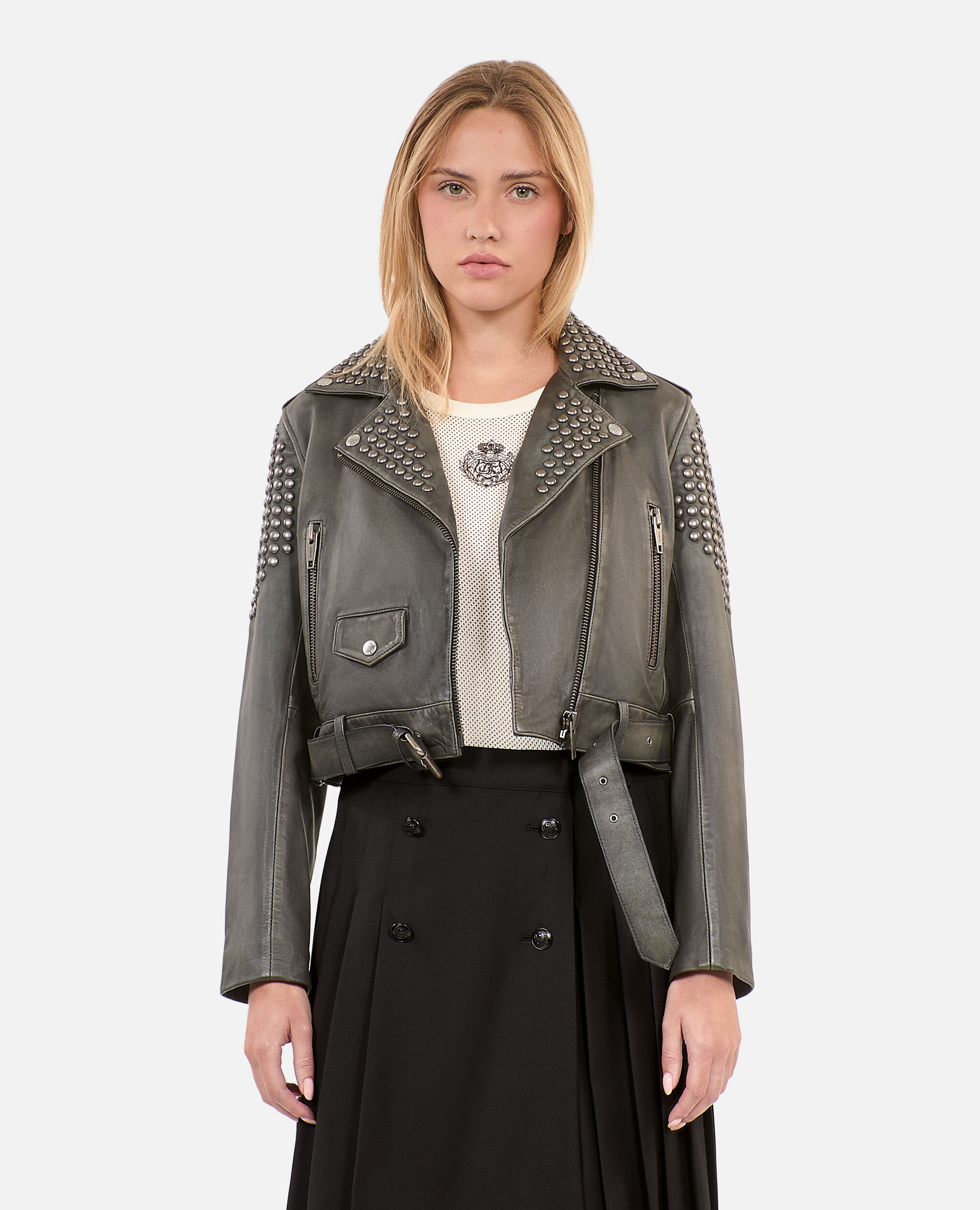 Studded black leather jacket, BLACK, hi-res image number null