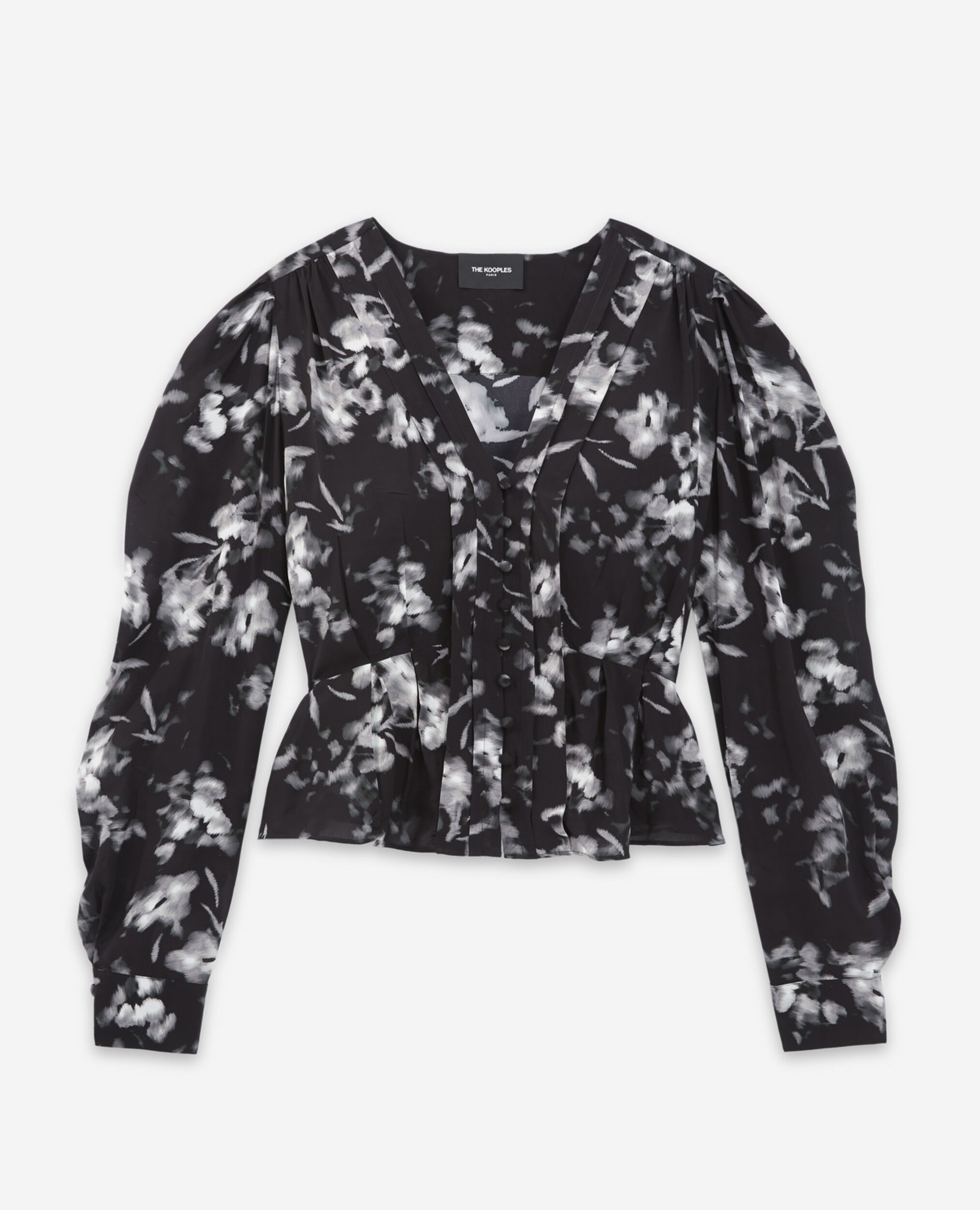 Flowing black top w/ pleating and floral motif, BLACK WHITE, hi-res image number null