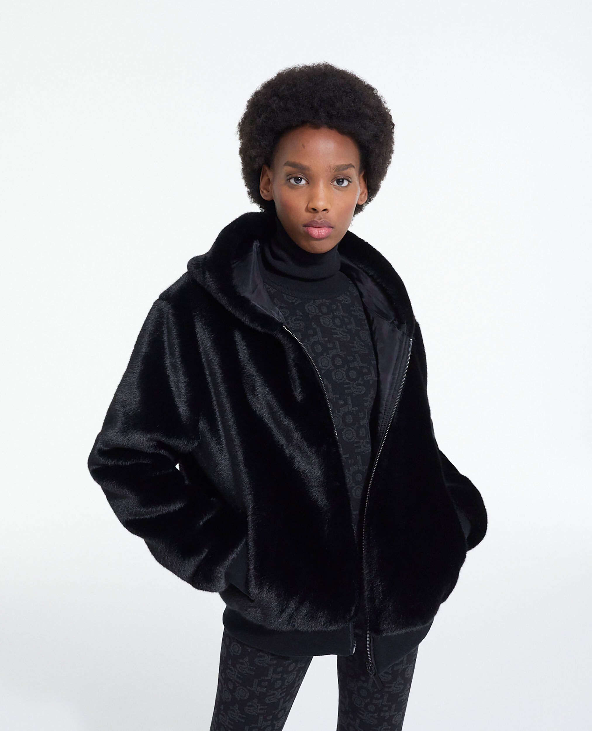 Black faux fur coat with hood | The Kooples
