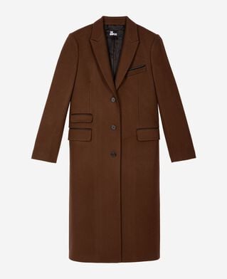 The Kooples FEMME CHOCOLATE manteau long en laine avec d&eacute;tails de cuir marron