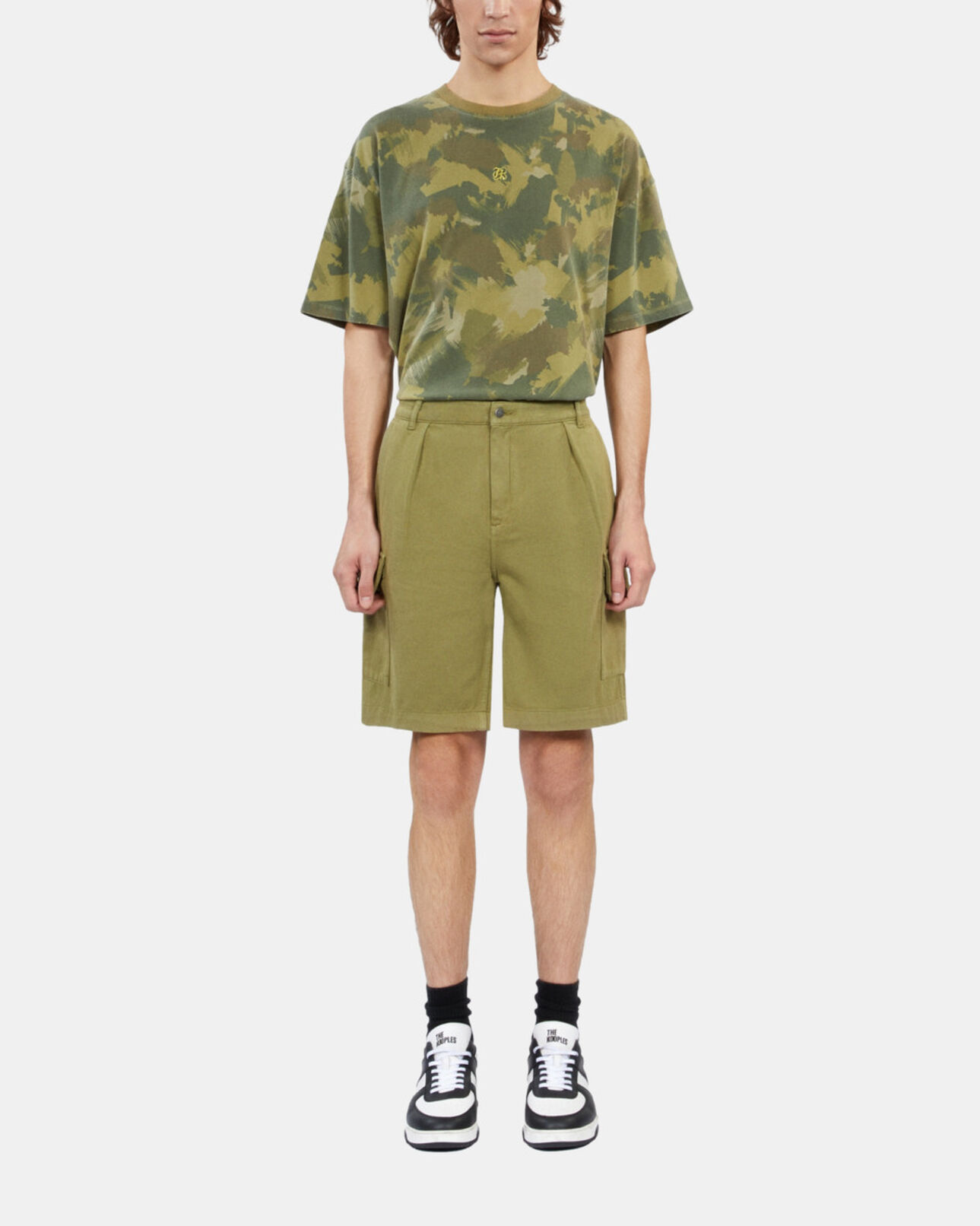The Kooples MEN WOOD KAKI khaki cotton and linen cargo shorts