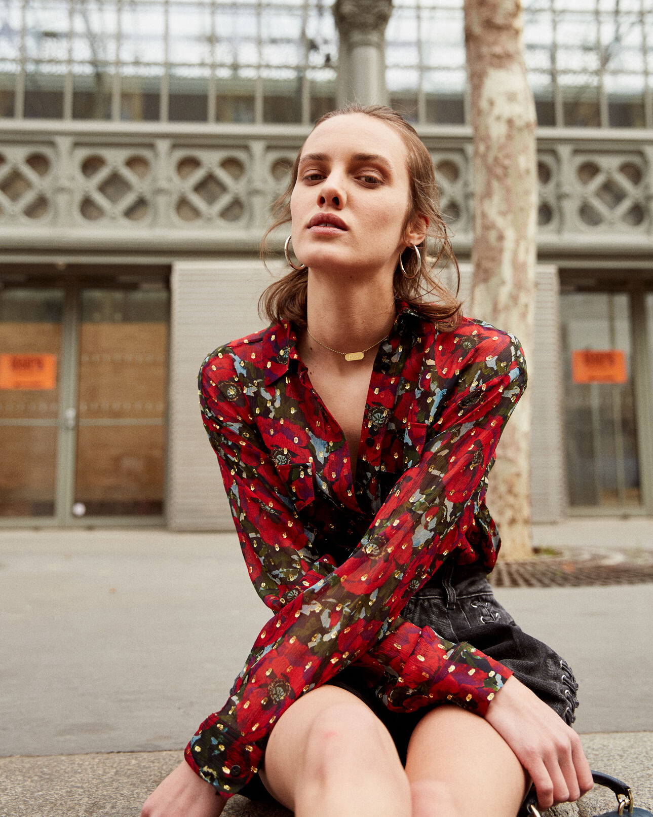 The Kooples MUJER RED / GREEN camisa de muselina de seda con estampado giant poppy