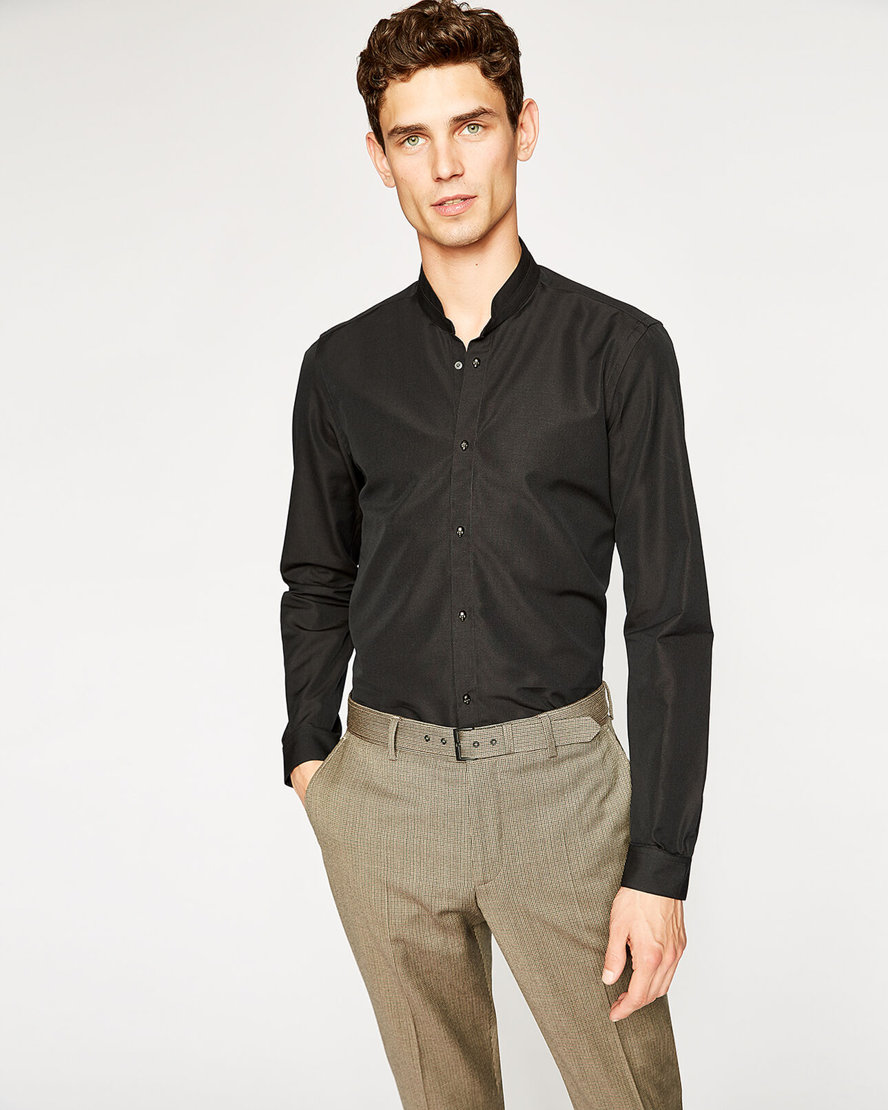 The Kooples MEN BLACK black cotton faille shirt with officer collar