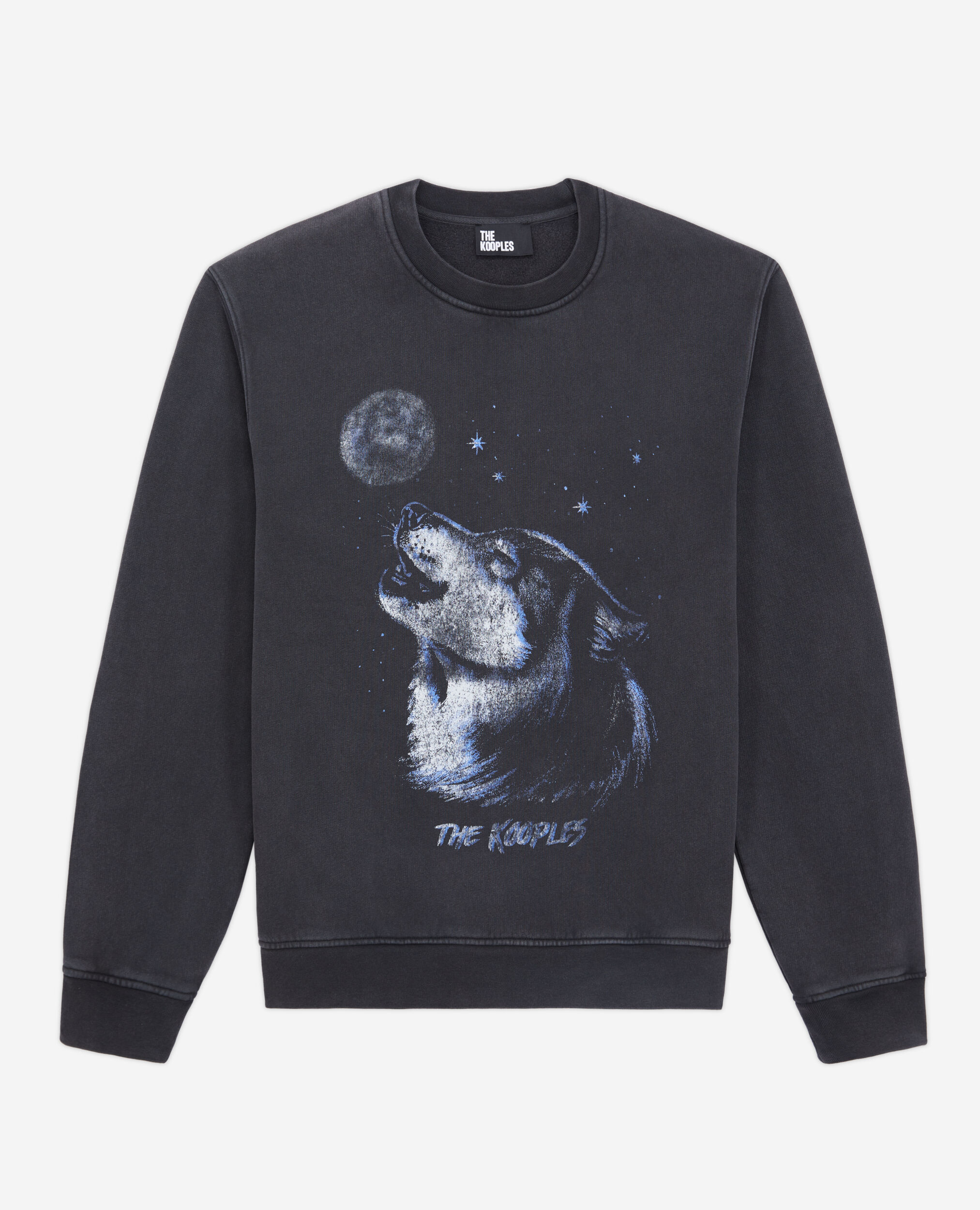 Herren Schwarzes Sweatshirt mit „Wolf“-Siebdruck, BLACK WASHED, hi-res image number null