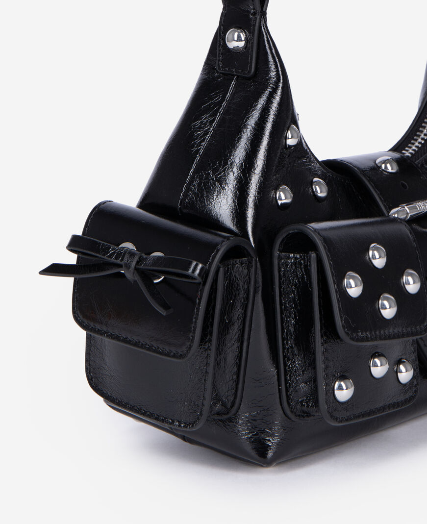 The Kooples FEMME BLACK sac amelia small en cuir craquelé noir avec clous