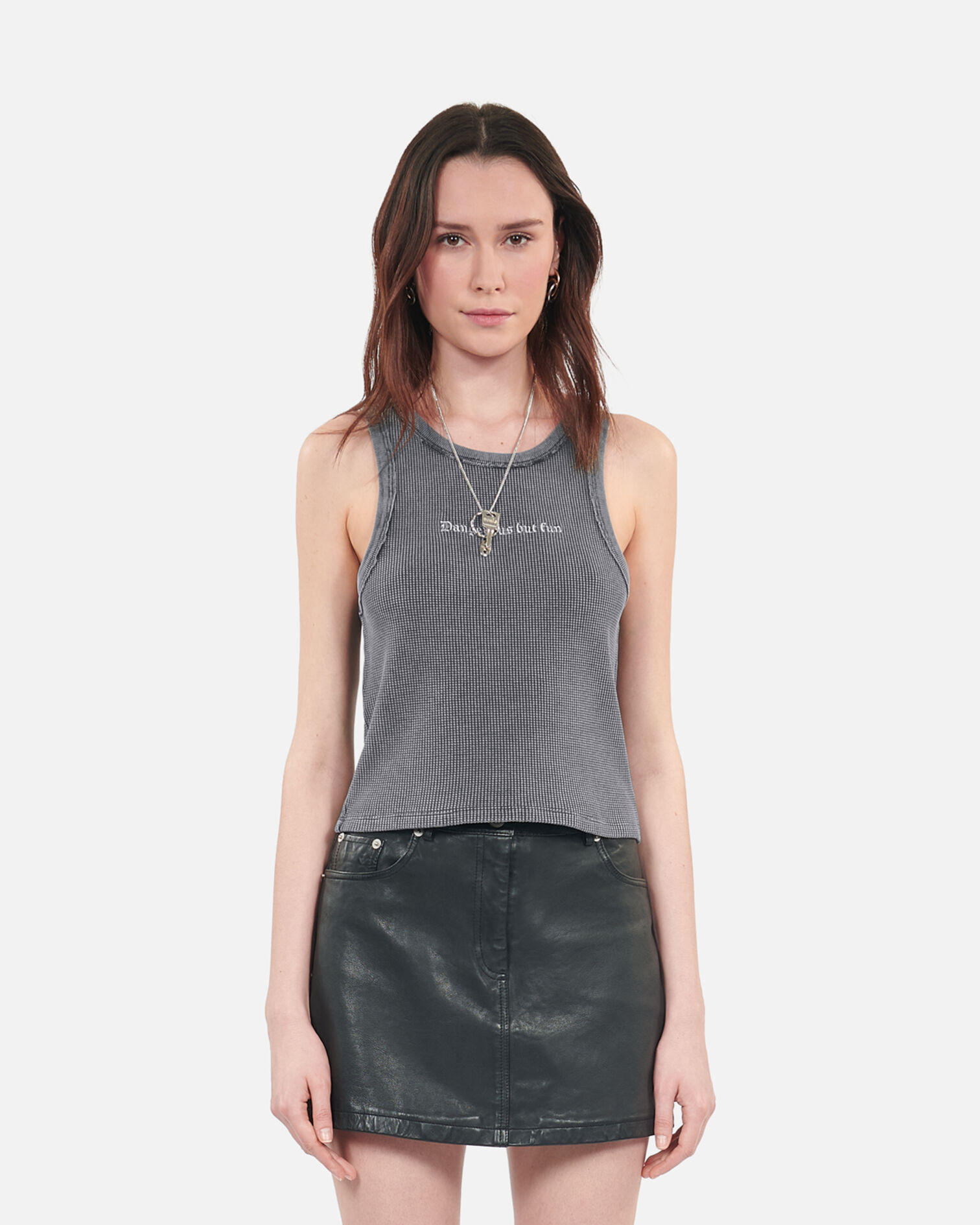 Black tank top with Dangerous but fun serigraphy, BLACK WASHED, hi-res image number null