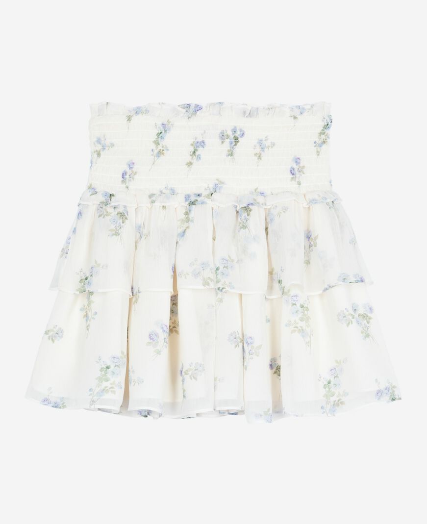The Kooples FEMME WHITE / SKY BLUE jupe courte à volants imprimé fleuri blanc