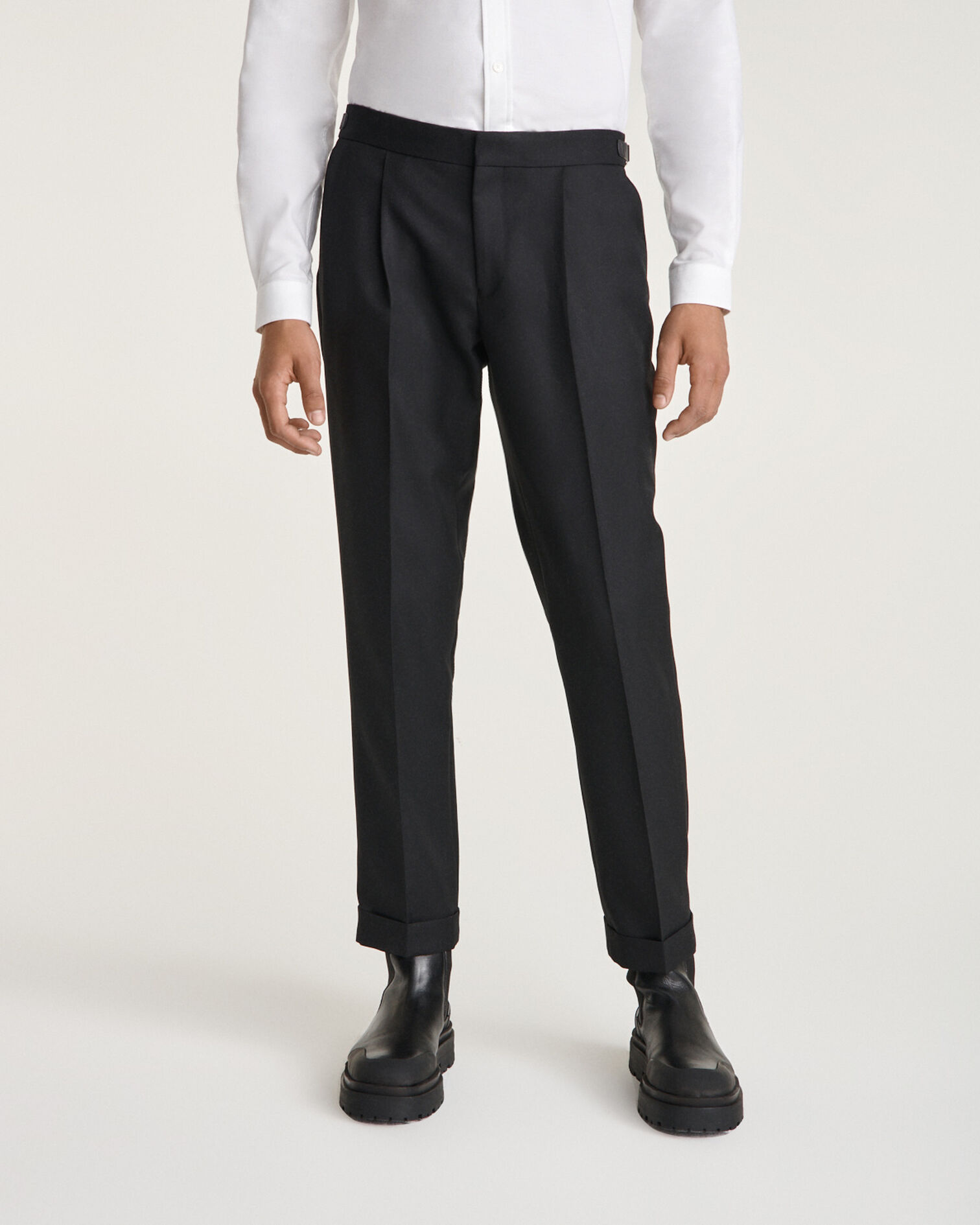 Straight black wool blend pants with pleats, BLACK, hi-res image number null