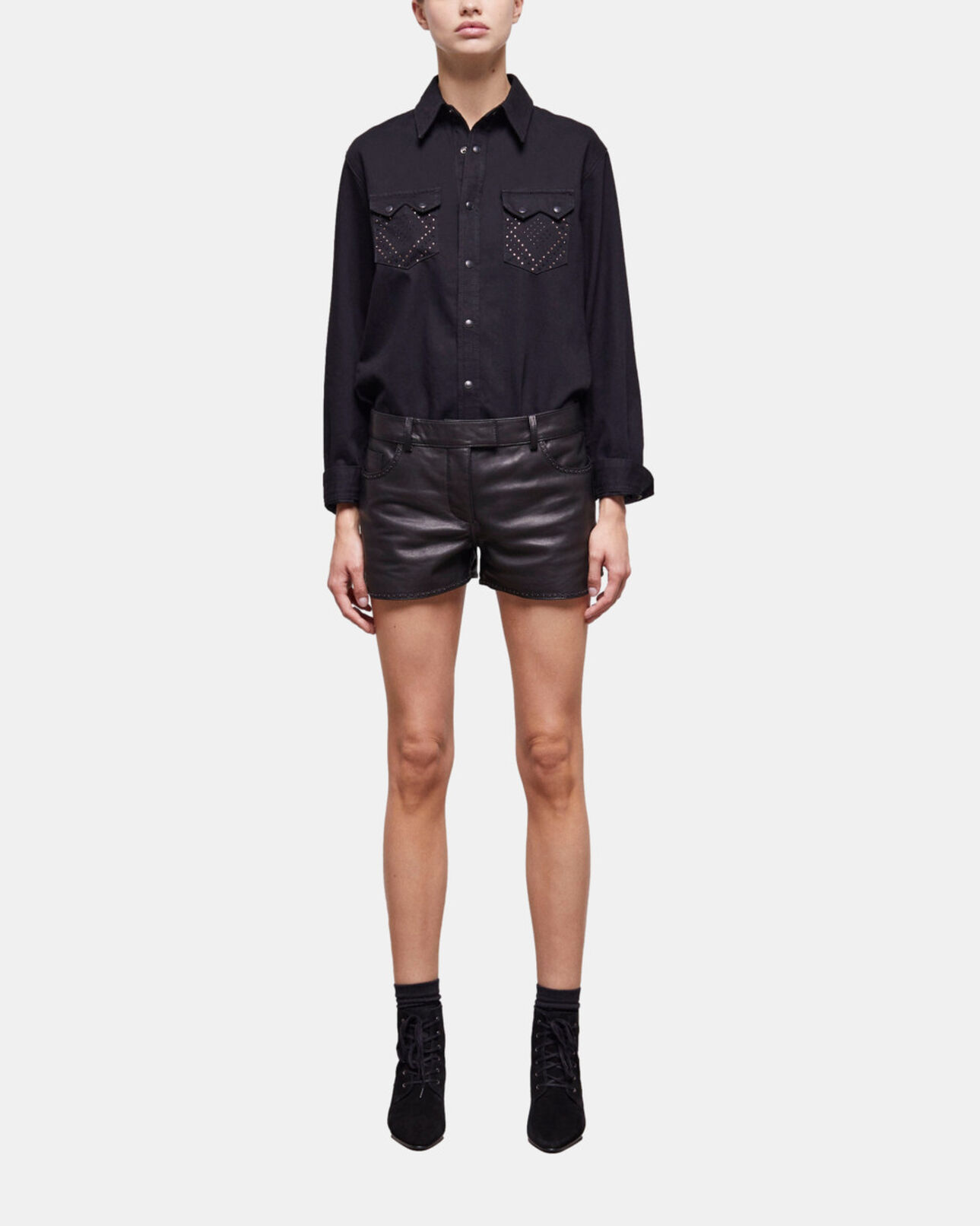 The Kooples WOMEN BLACK black leather shorts with studs