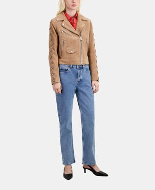 The Kooples FEMME BEIGE blouson biker en cuir suède beige