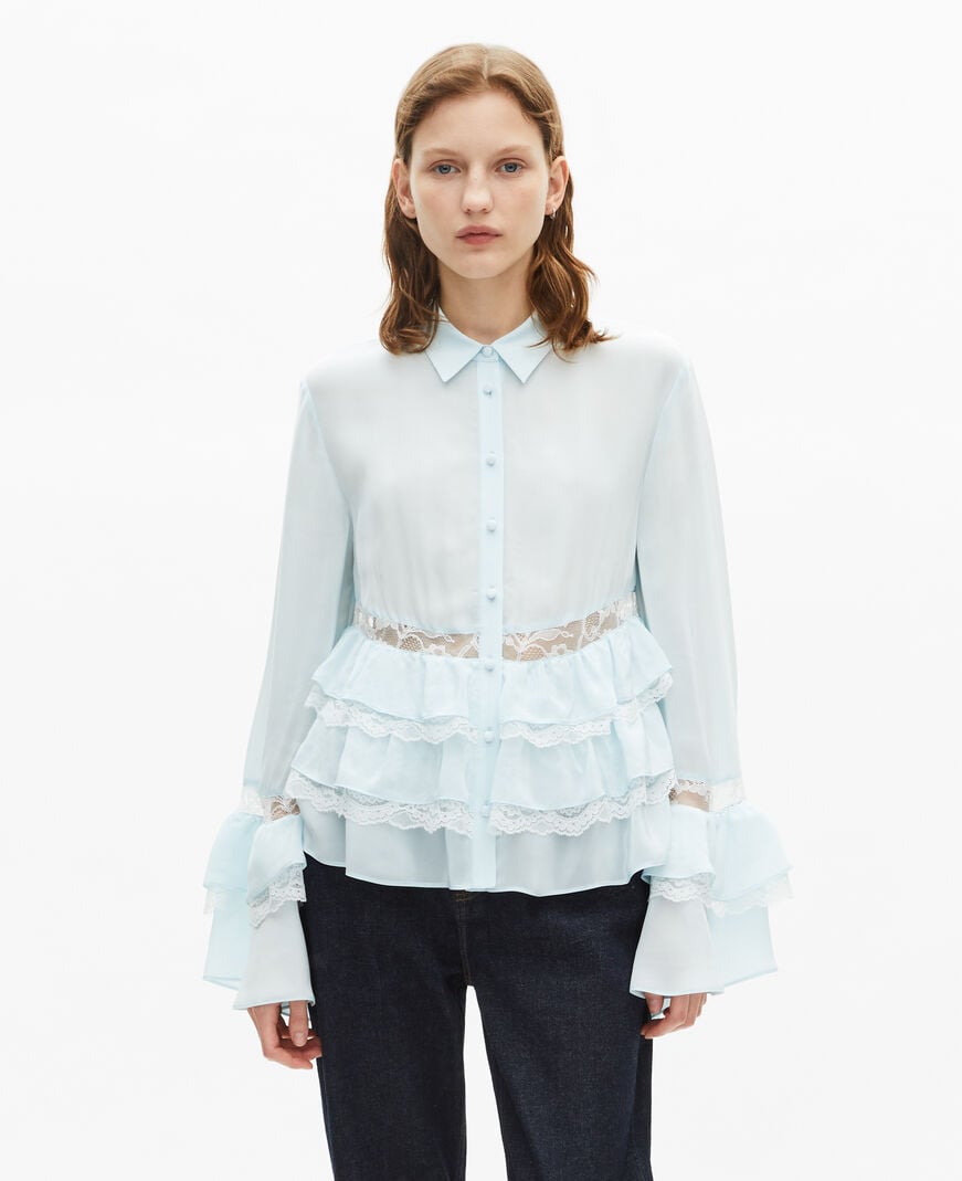 The Kooples DAMEN BABY BLUE hellblaues spitzen- und rüschenhemd