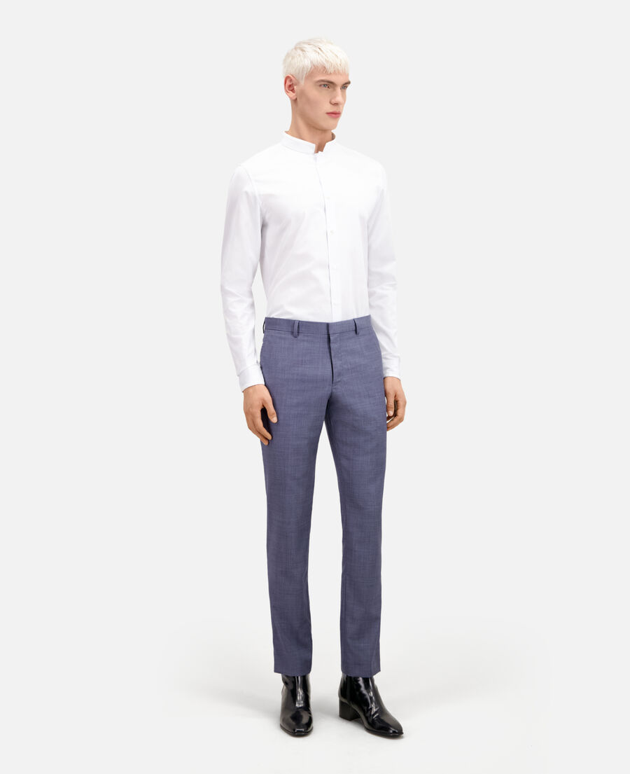 pantalon de costume en laine à carreaux gris et bleus