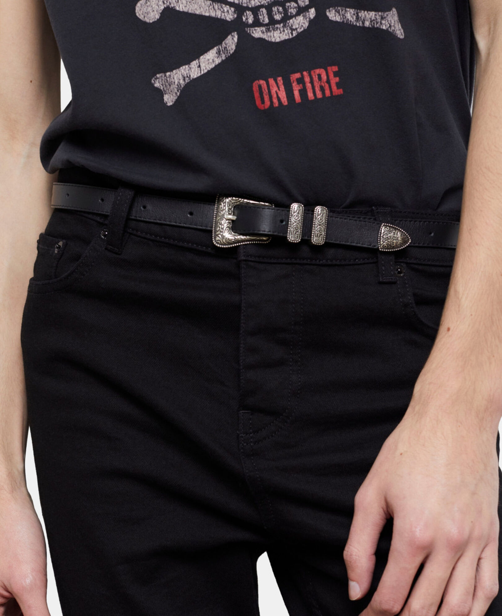 The Kooples MIXED BLACK thin black leather belt