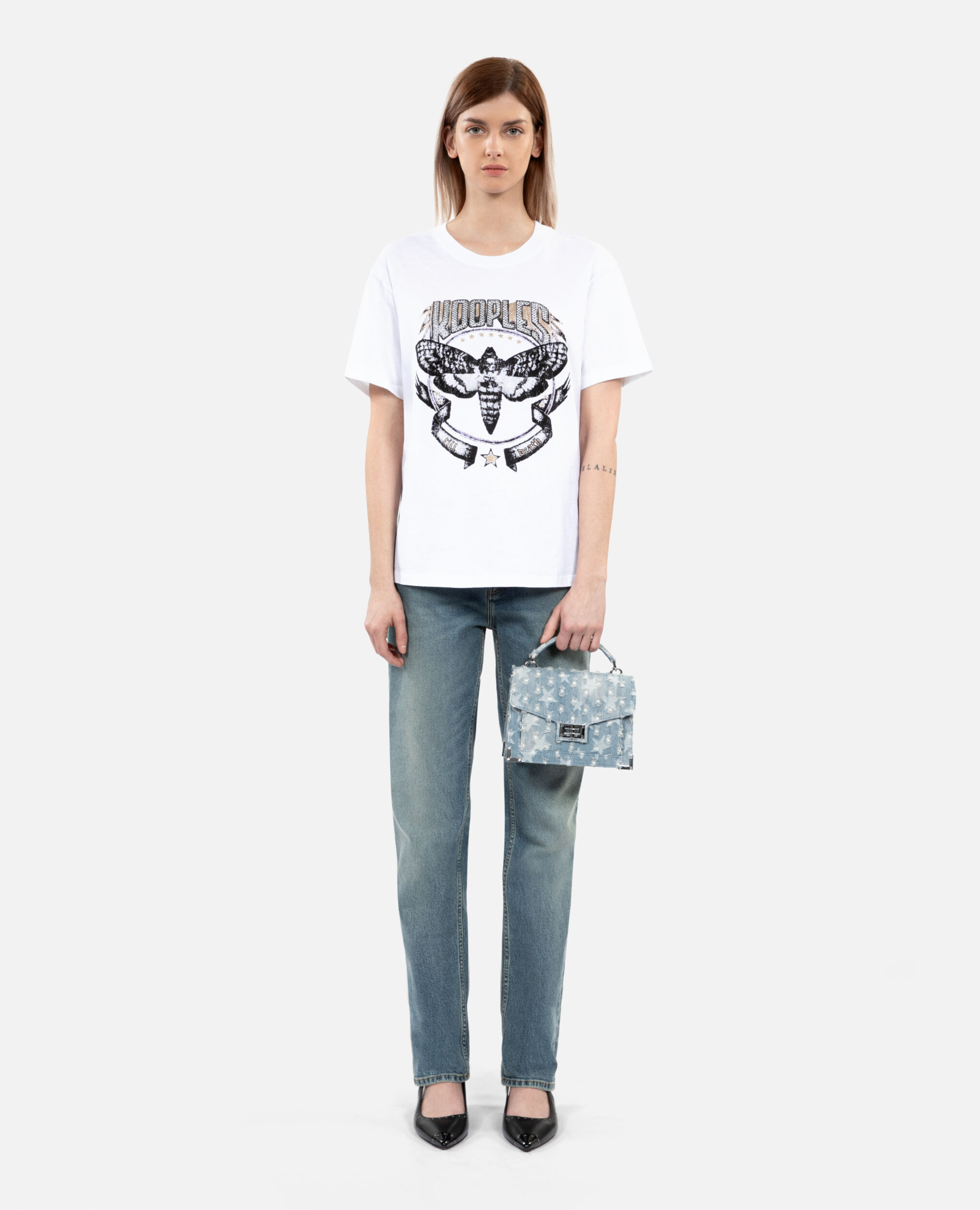 Women's white t-shirt with Skull butterfly serigraphy, WHITE, hi-res image number null