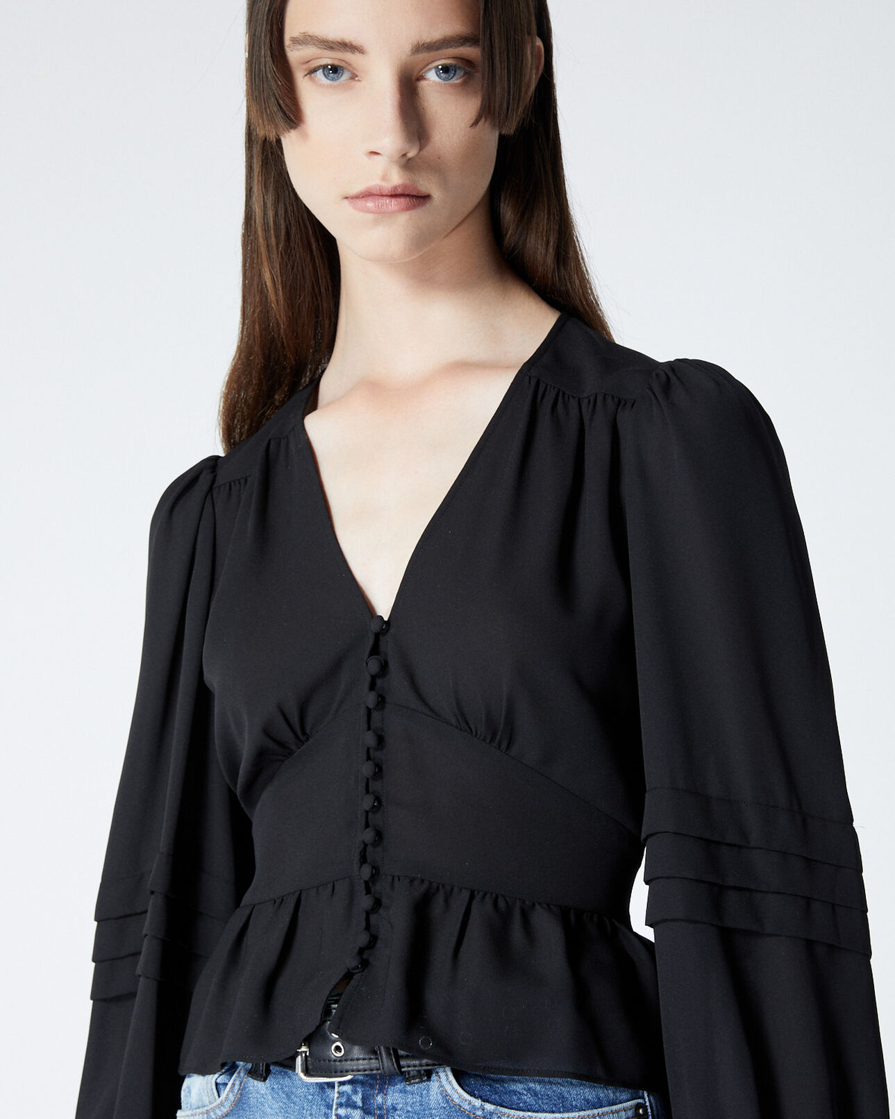 The Kooples WOMEN BLACK flowing buttoned black top with peplum