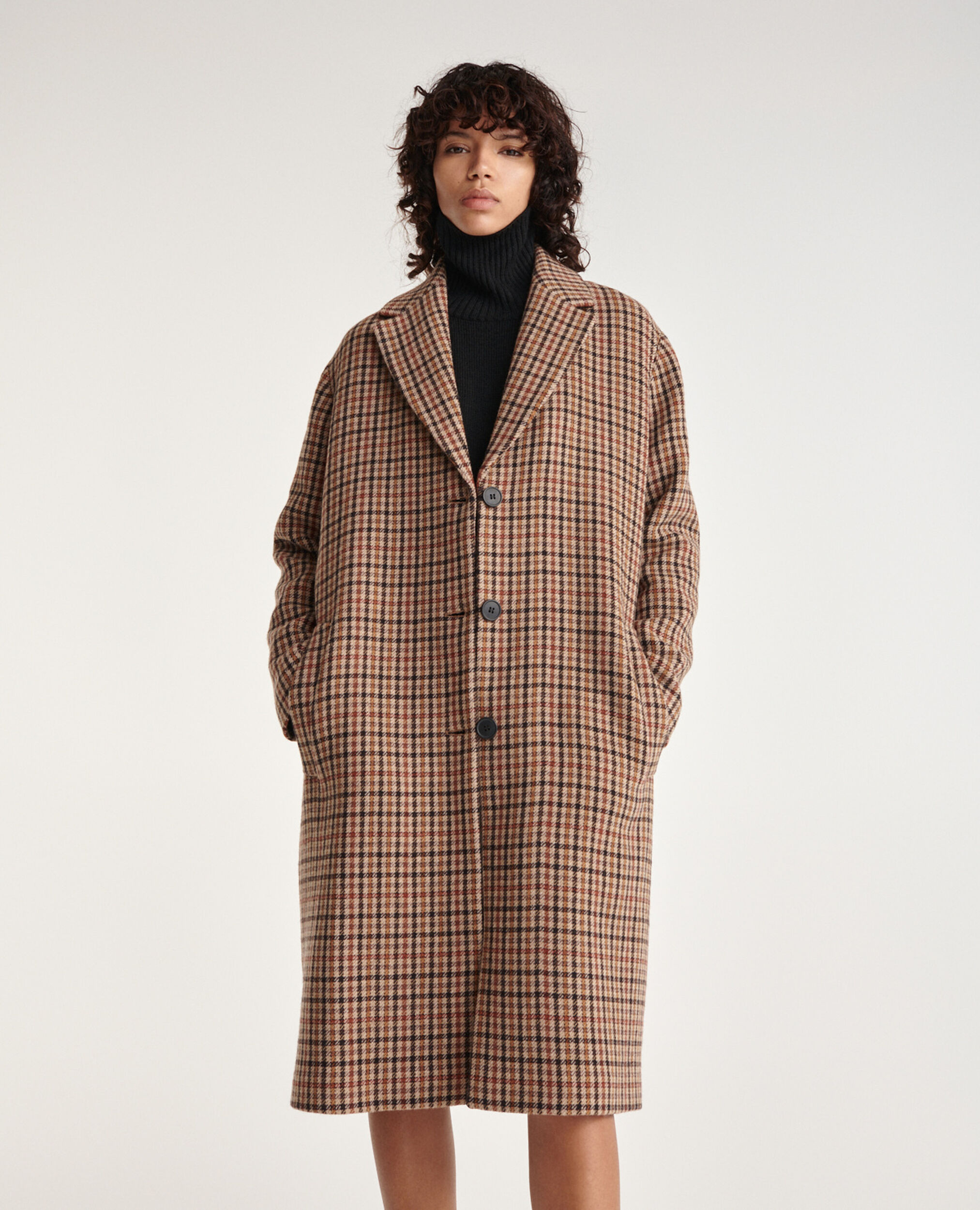 Double-faced check wool coat, BROWN, hi-res image number null