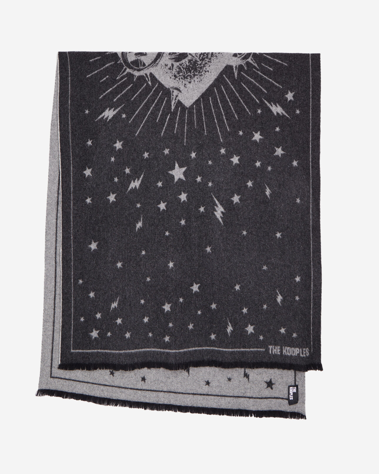 The Kooples FEMME GREY echarpe grise en laine avec cœurs et étoiles