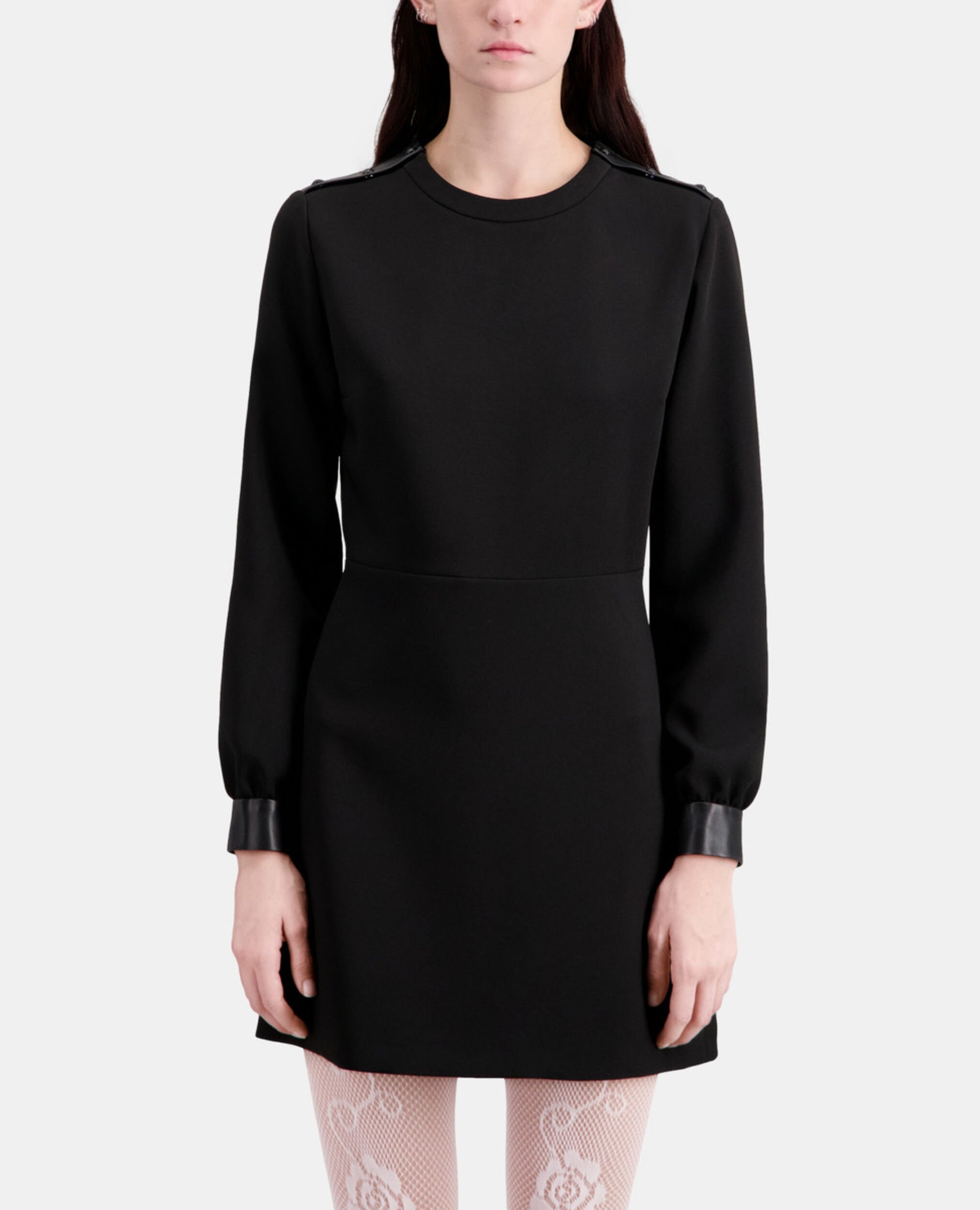 Short crepe dress with leather details, BLACK, hi-res image number null