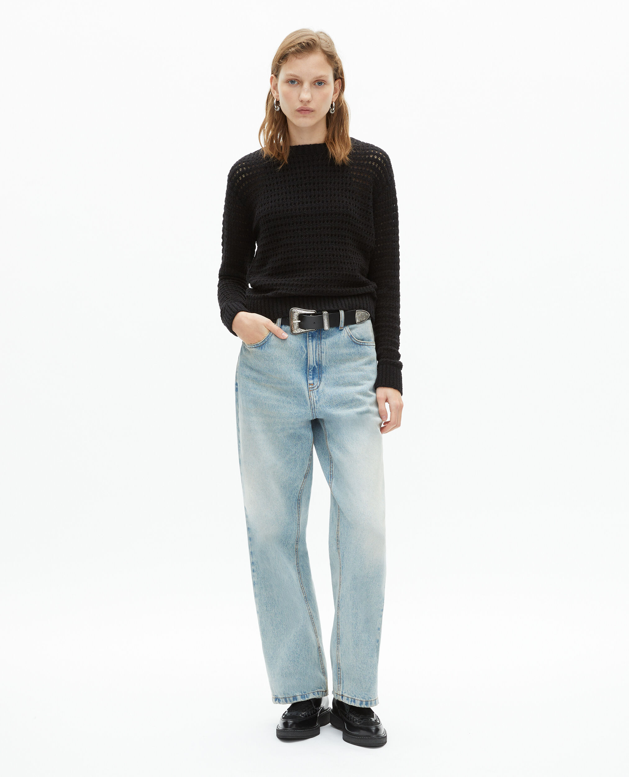 Black openwork cotton blend sweater, BLACK, hi-res image number null