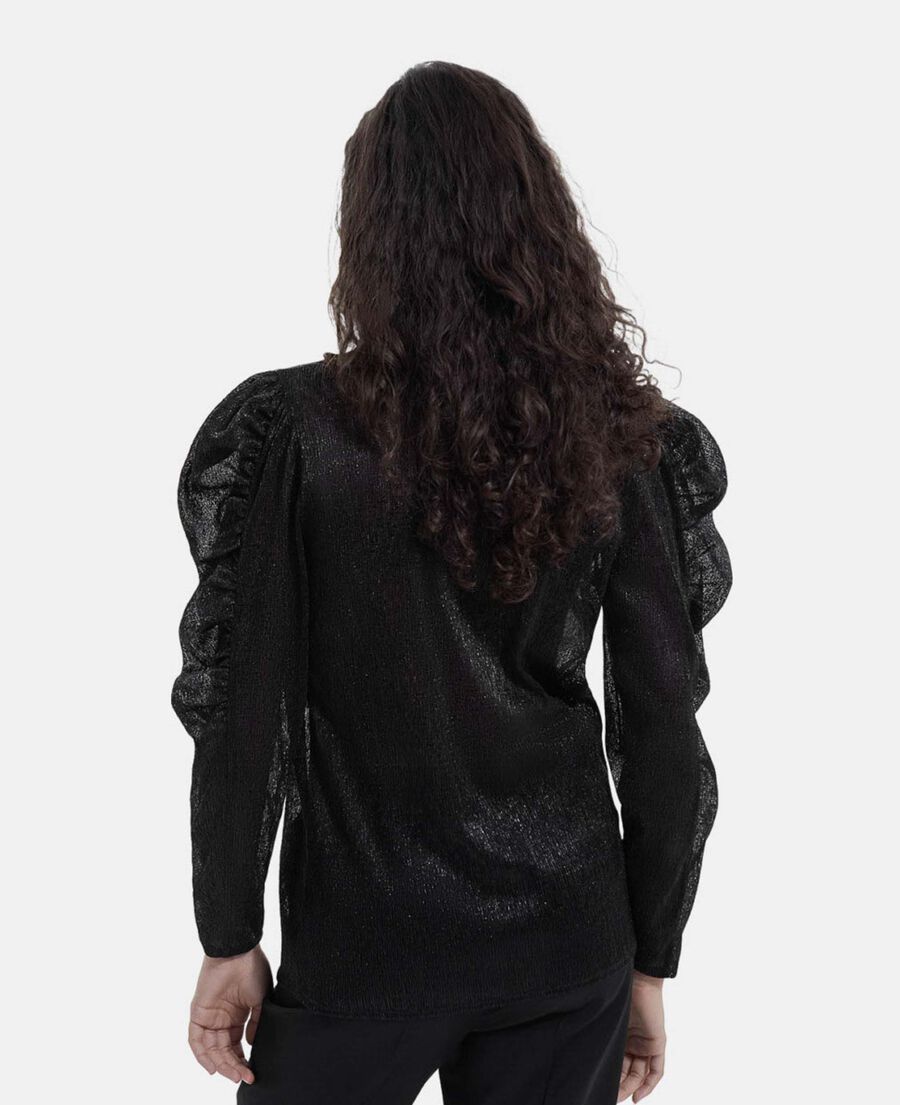 flowing black top with puffed sleeves