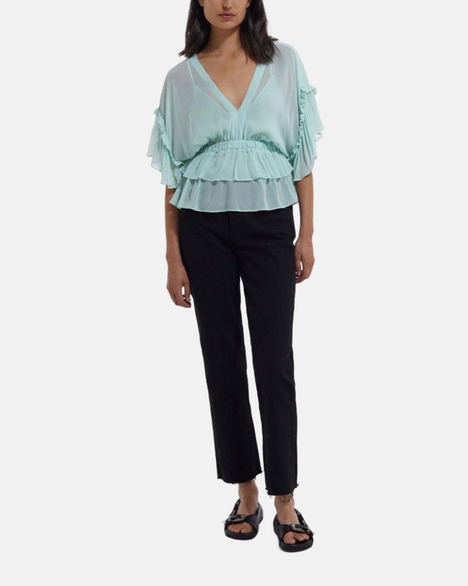 Ruffled short sleeved top, GREEN, hi-res image number null