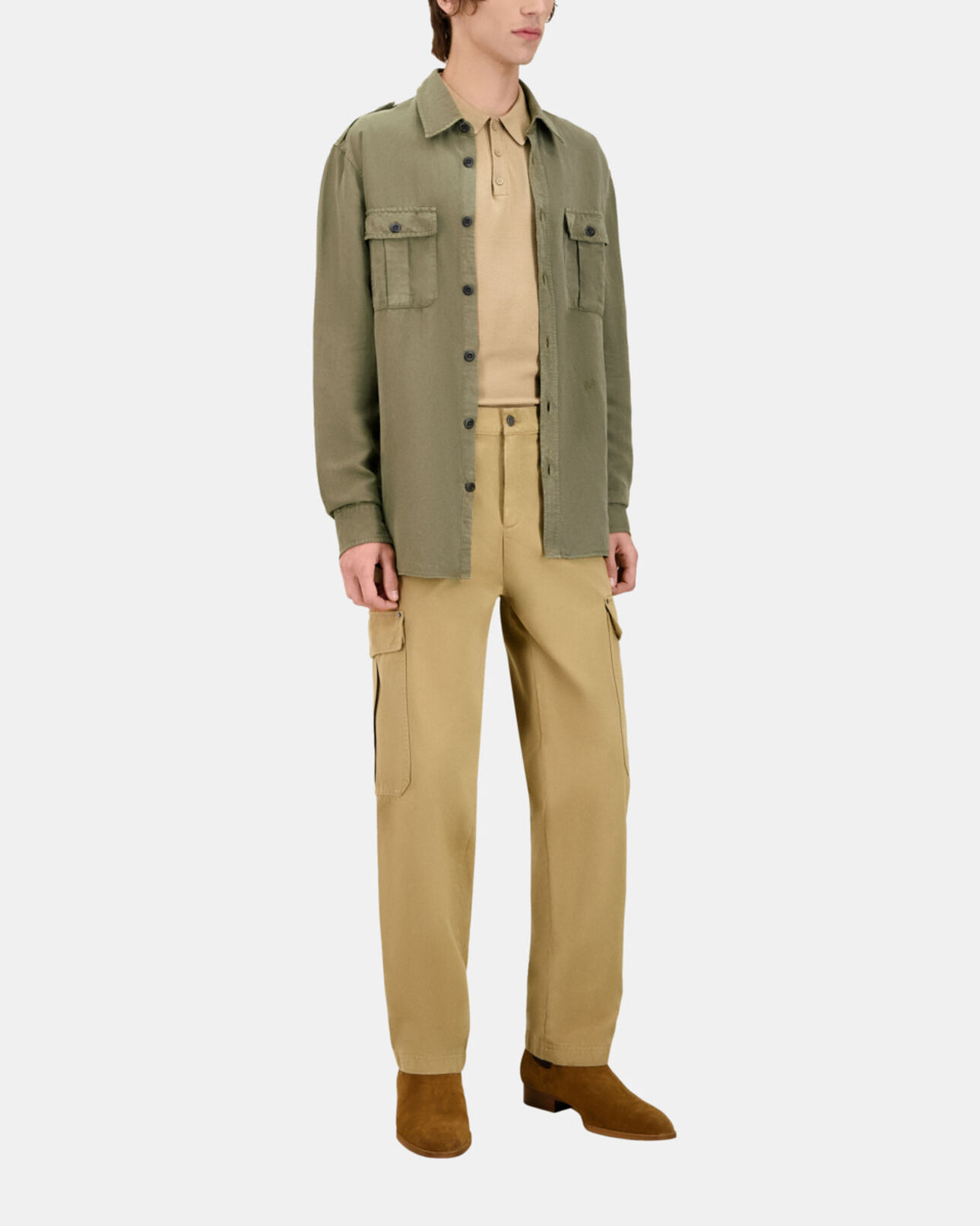 The Kooples MEN KAKI khaki lyocell and linen shirt