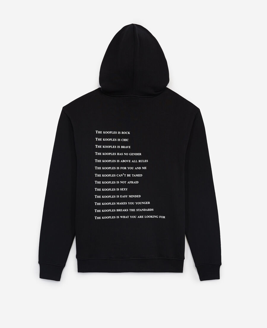 black sweatshirt with what is screen print