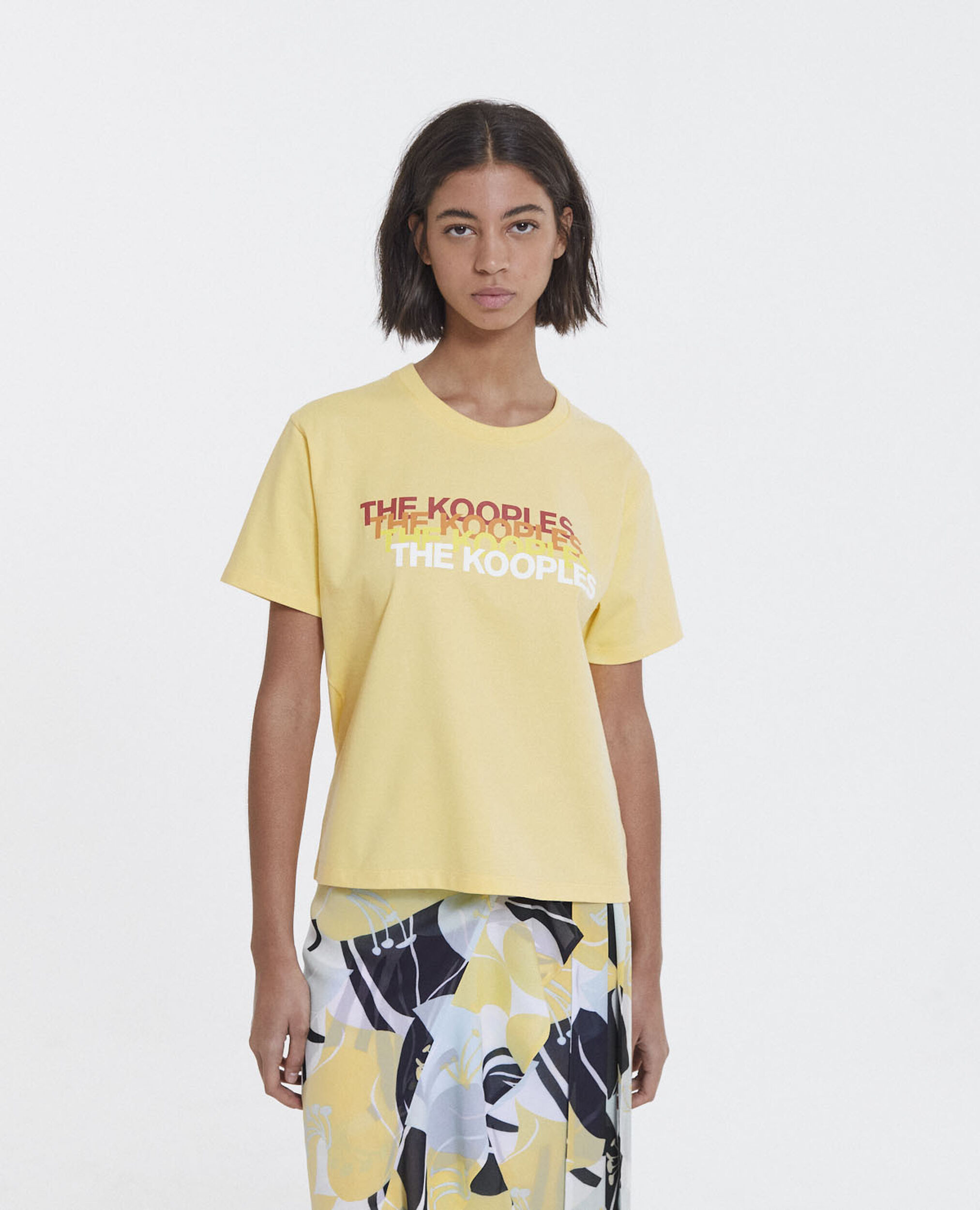 Yellow cotton T-shirt with The Kooples triple logo, YELLOW, hi-res image number null