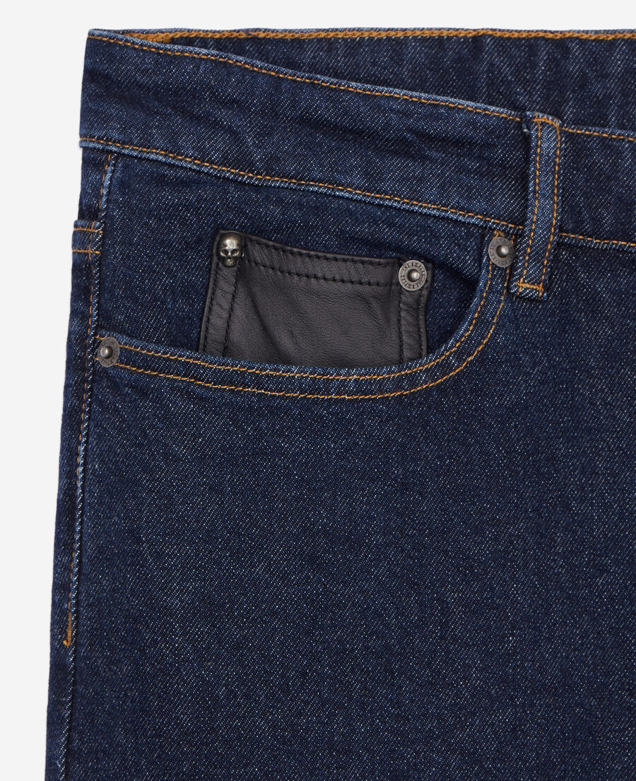 slim blue jeans with leather pocket