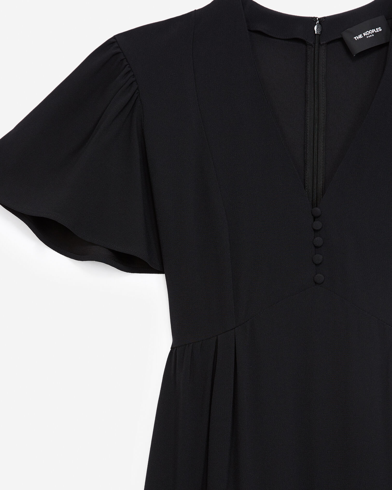 Long black dress in crepe with ruffles, BLACK, hi-res image number null