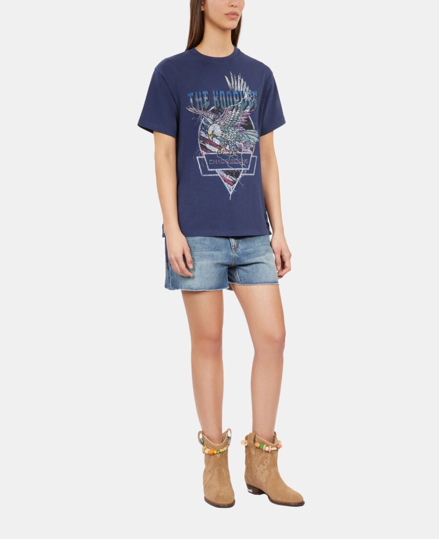 The Kooples DAMEN WASHED NAVY marineblaues t-shirt mit schnürung und eagle-siebdruck