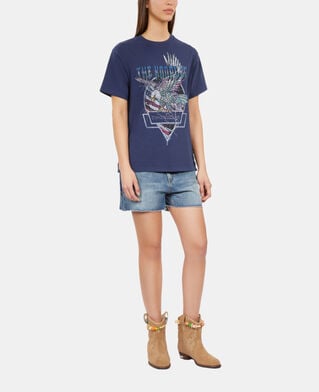 The Kooples DAMEN WASHED NAVY marineblaues t-shirt mit schnürung und eagle-siebdruck