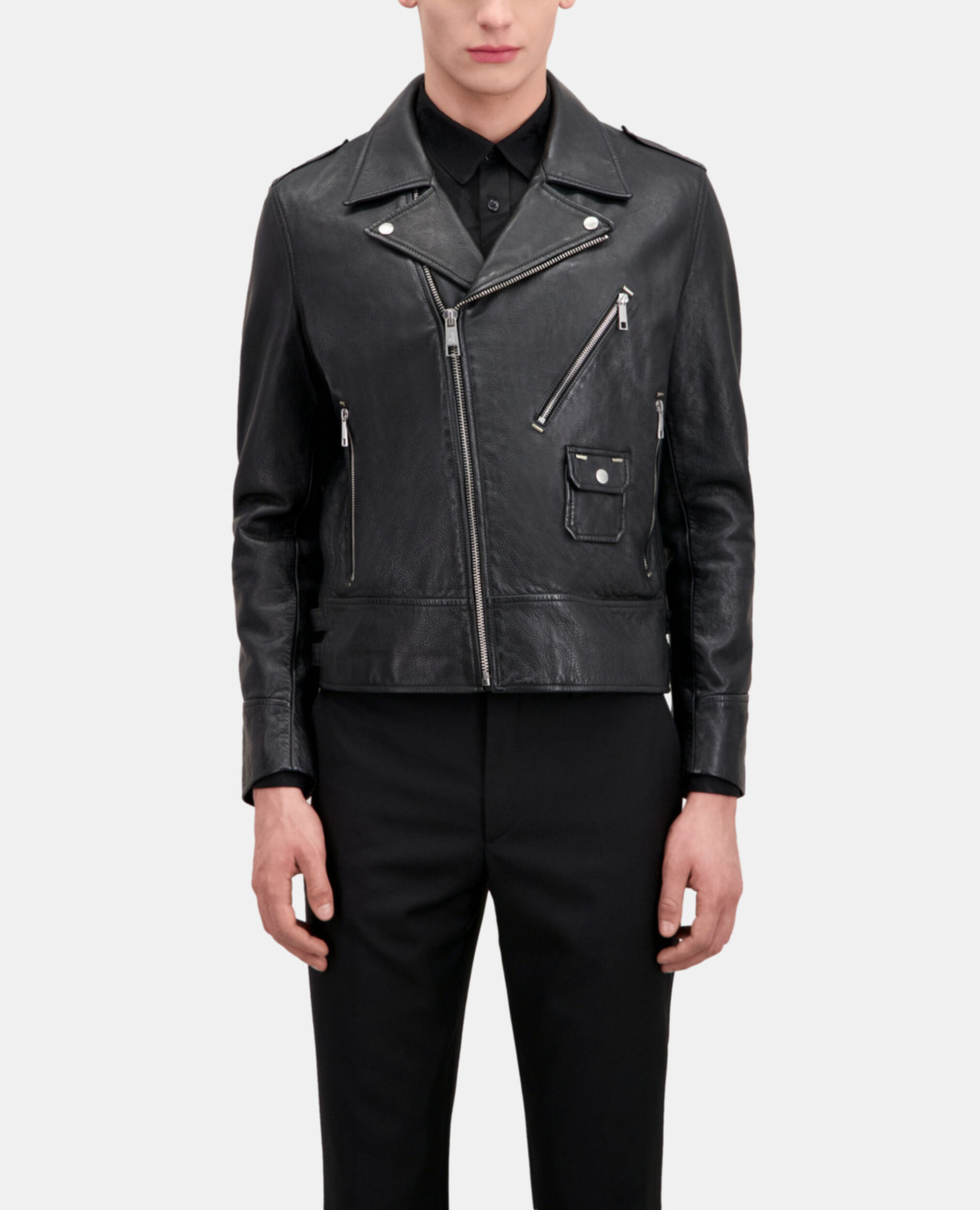 Schwarze Bikerjacke aus Leder, BLACK, hi-res image number null
