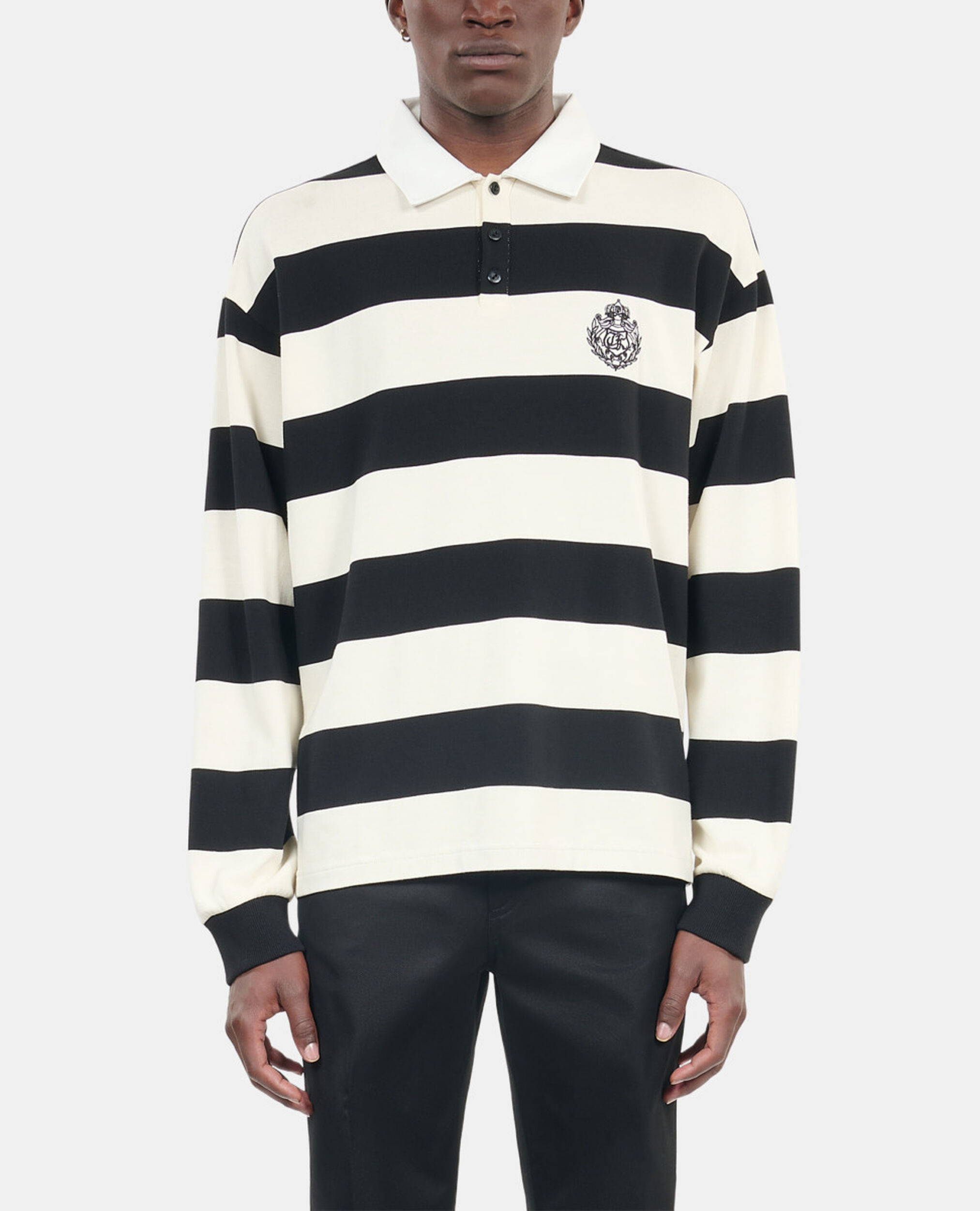 Long-sleeved black and white striped polo t-shirt, BLACK / WHITE, hi-res image number null