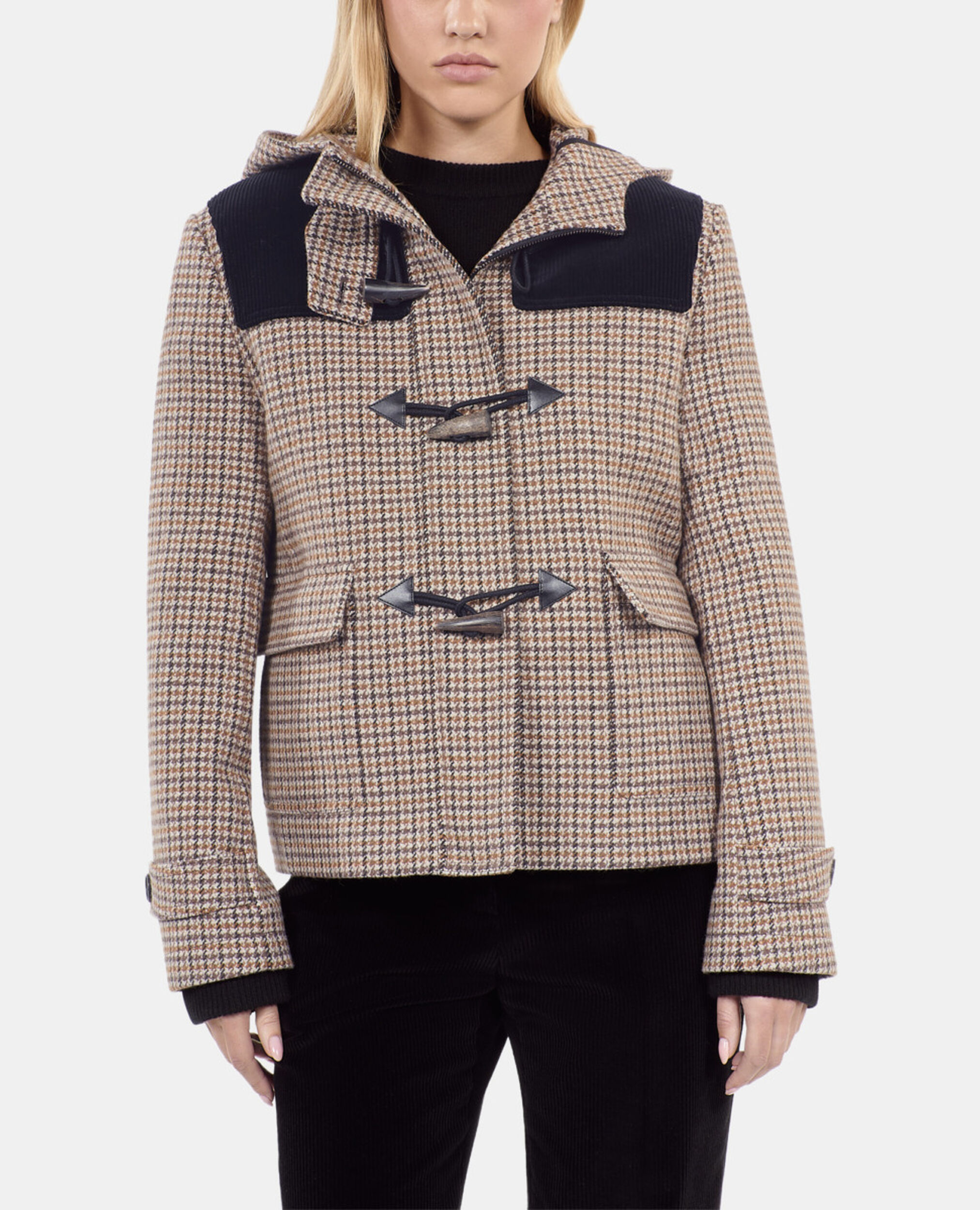 Beige Kapuzenjacke mit Hahnentrittmuster, BEIGE-BROWN, hi-res image number null