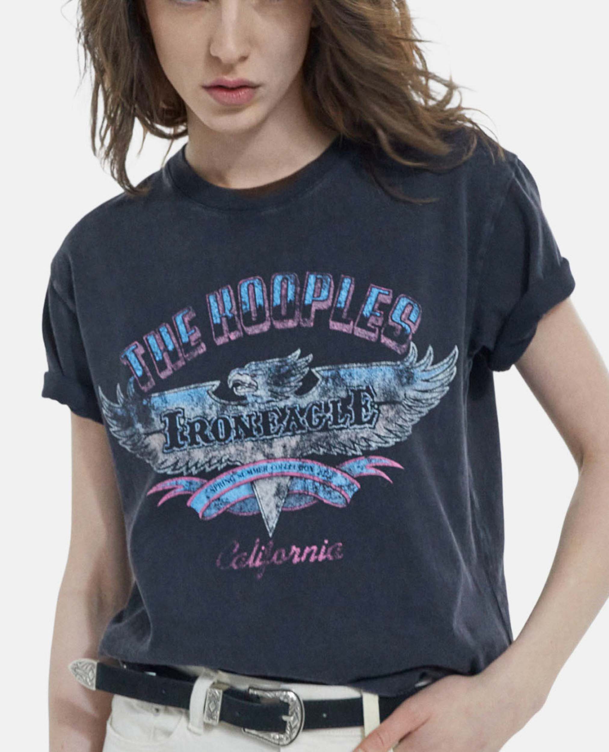 Faded black cotton T-shirt with eagle print, BLACK WASHED, hi-res image number null