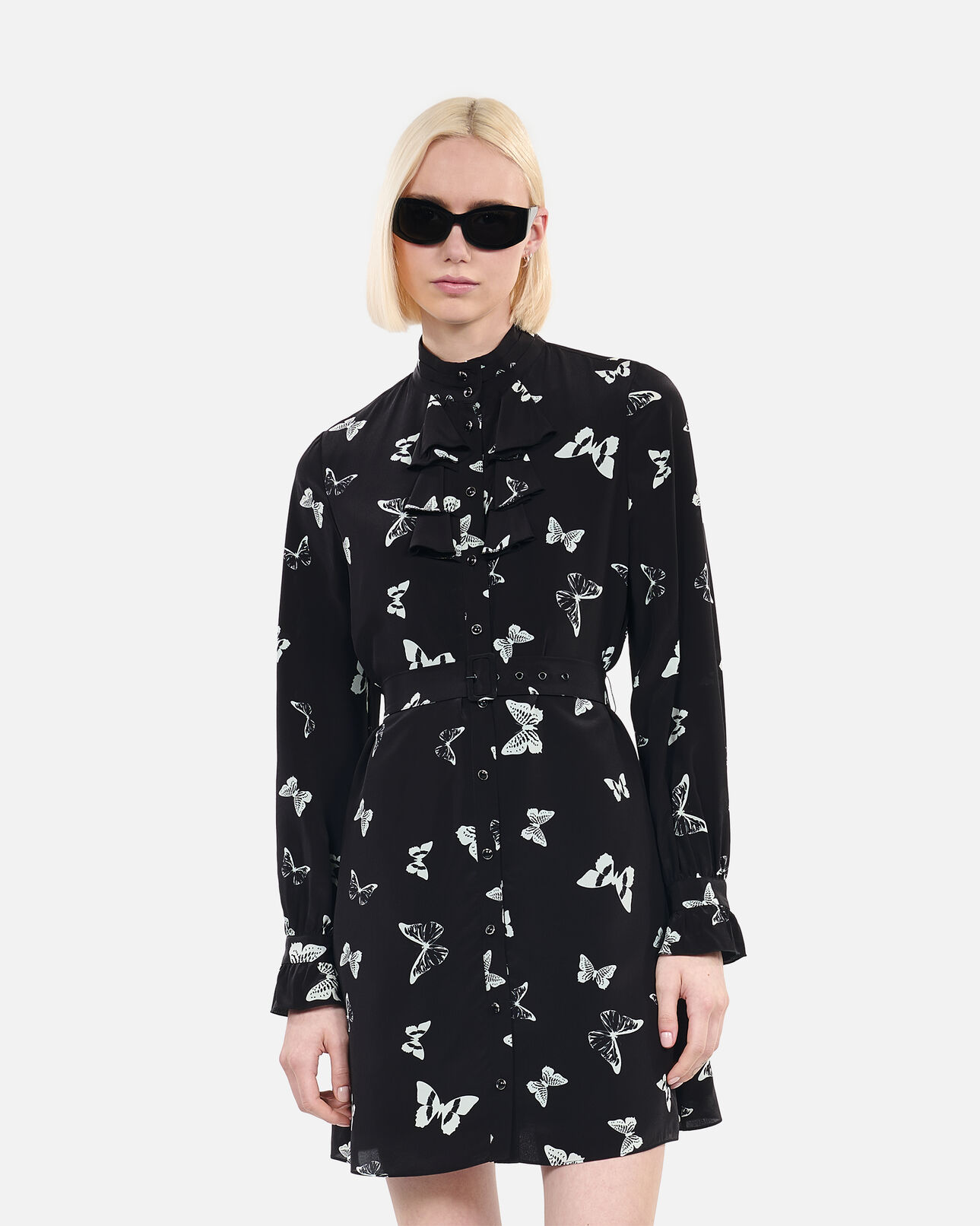 The Kooples WOMEN BLACK WHITE short butterfly print dress