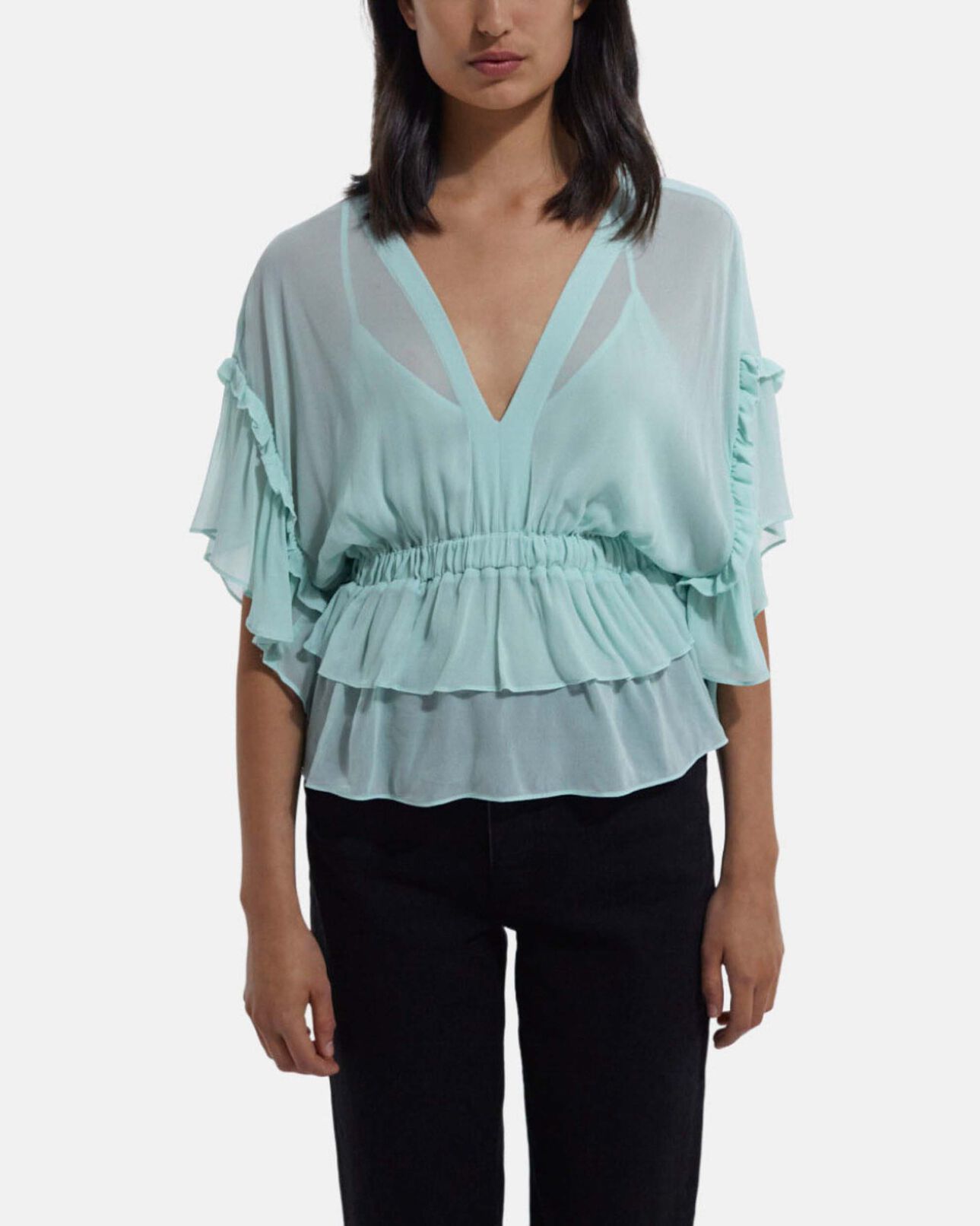 The Kooples WOMEN GREEN ruffled short sleeved top